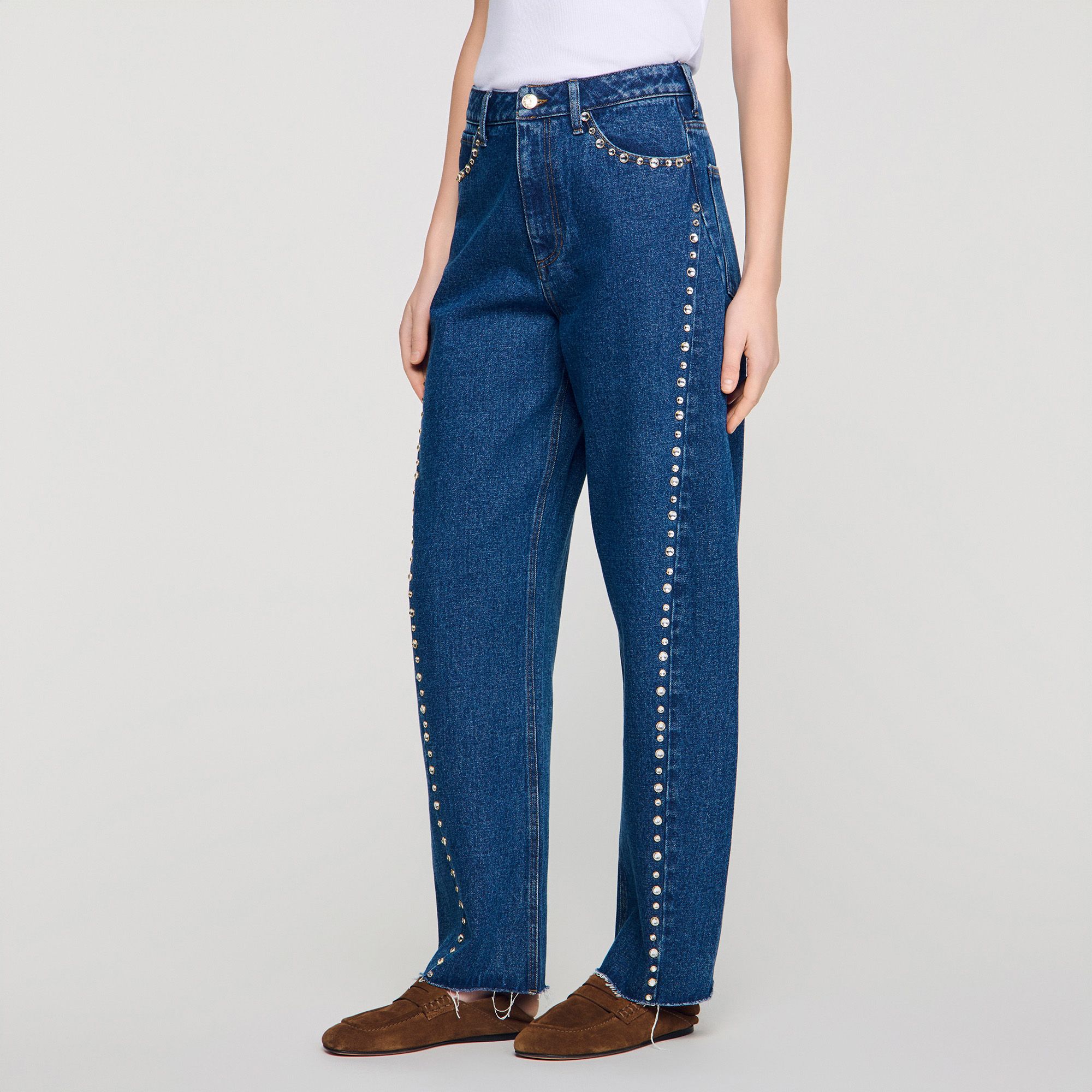 Sandro - Quần jeans ống rộng đính đá