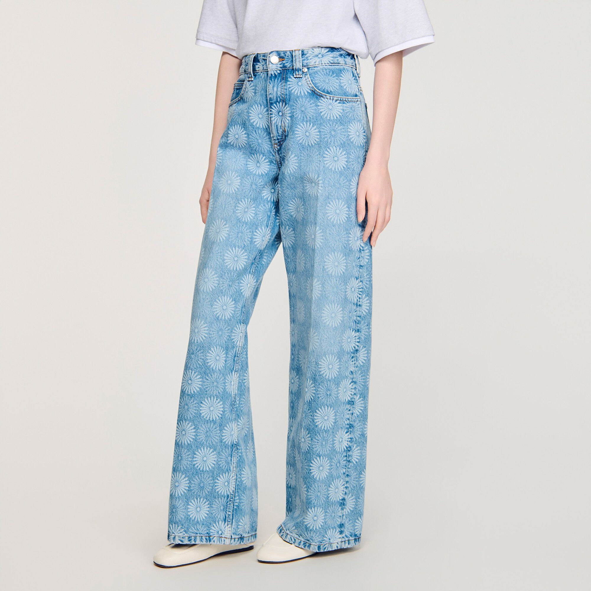 Sandro - Quần jeans Seventies ống rộng họa tiết hoa