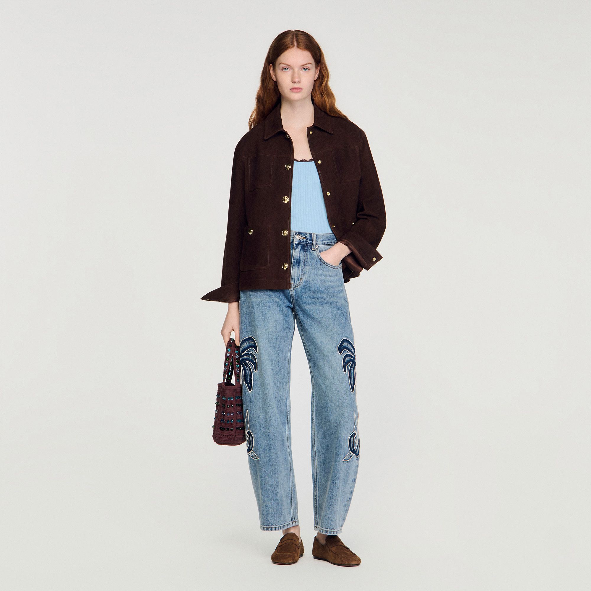 Sandro - Quần jeans ống rộng thêu hoạ tiết