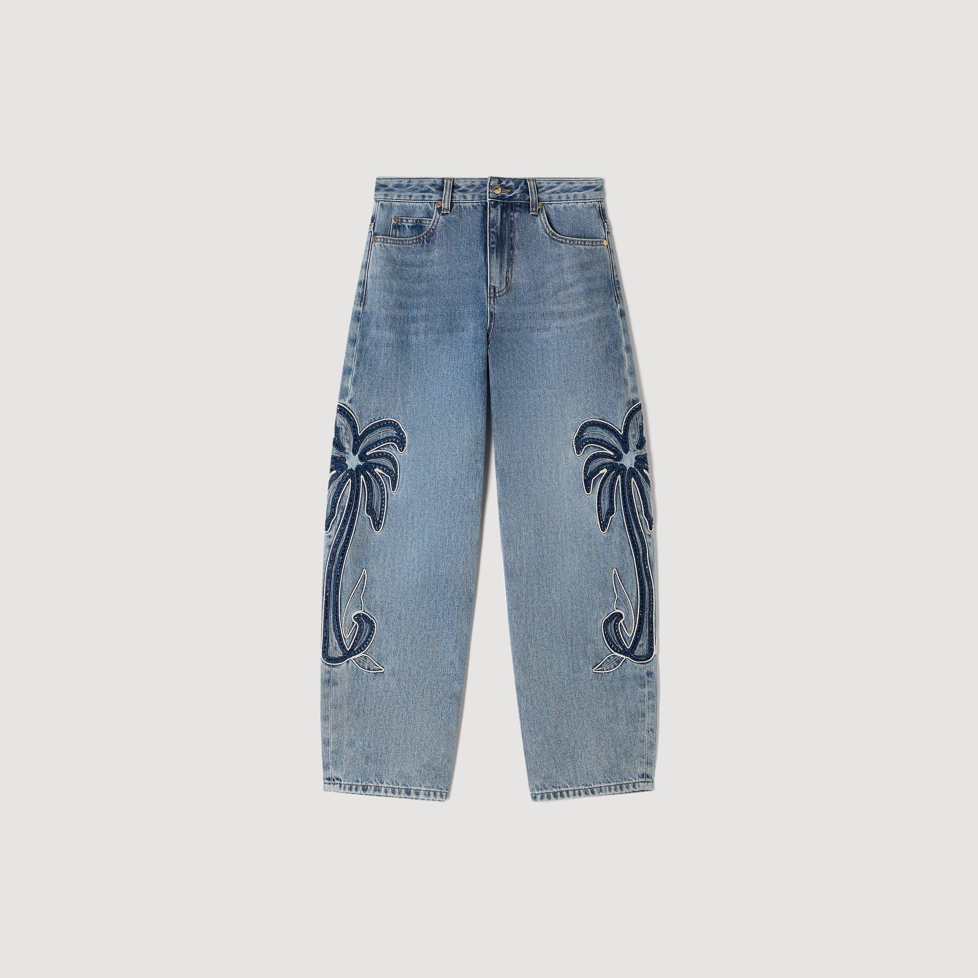 Quần jeans ống rộng thêu hoạ tiết