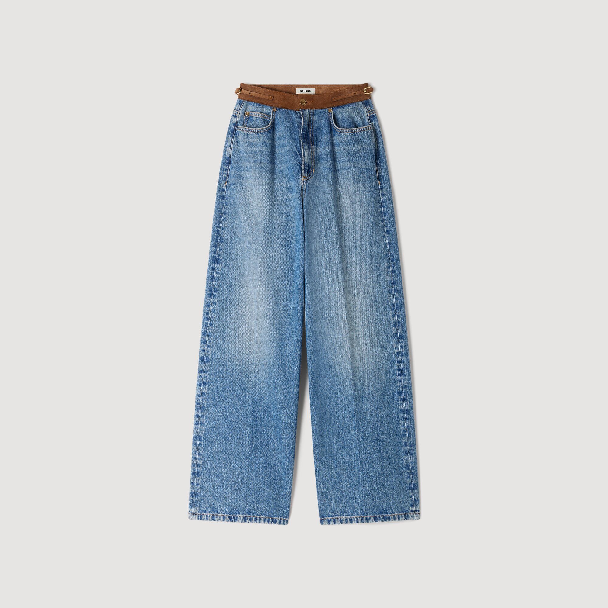 Sandro - Quần jeans ống đứng với thắt lưng da