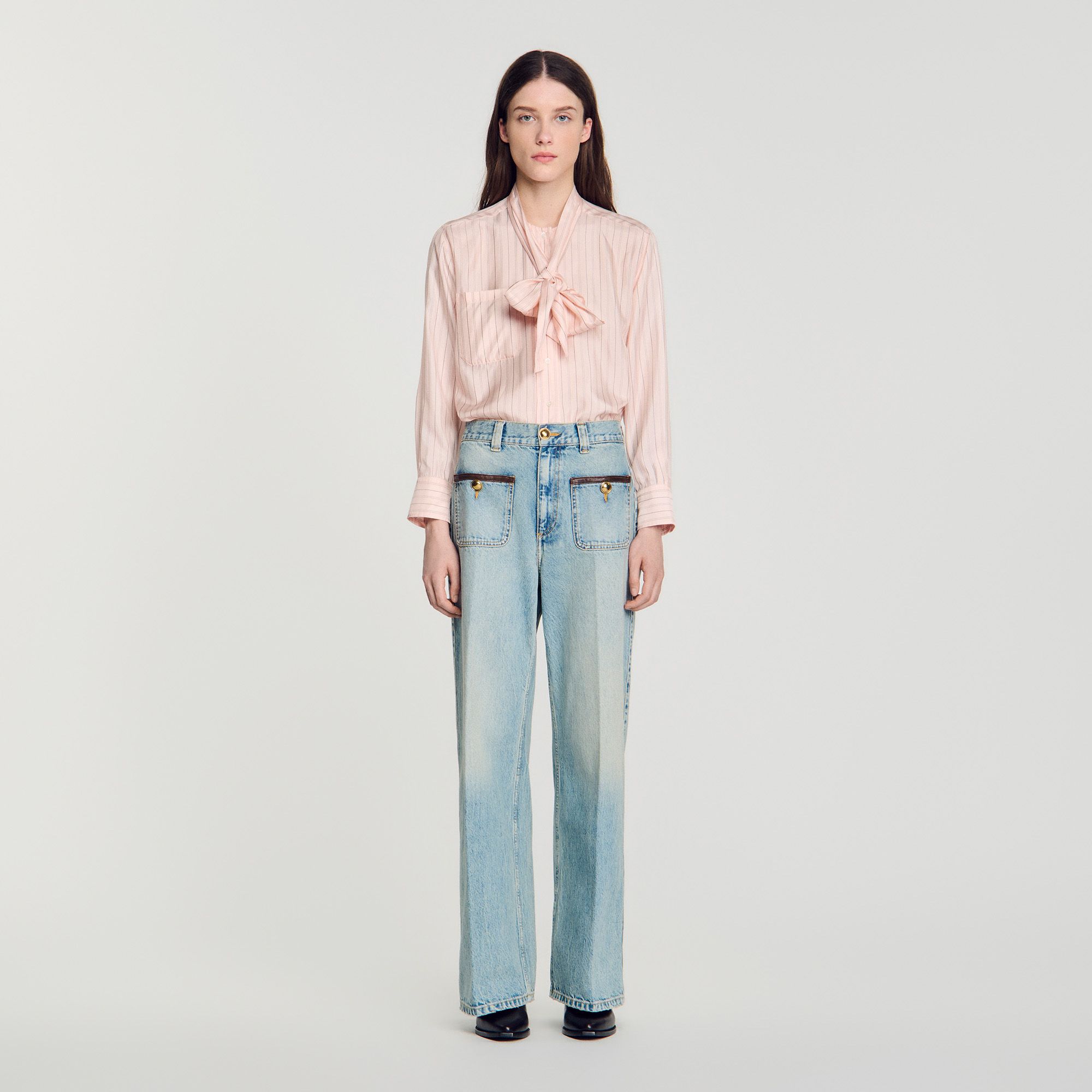Sandro - Quần jeans ống đứng phối da