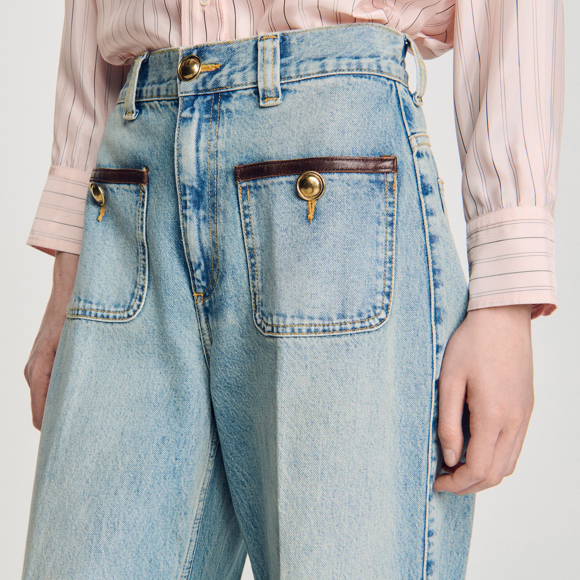 Sandro - Quần jeans ống đứng phối da