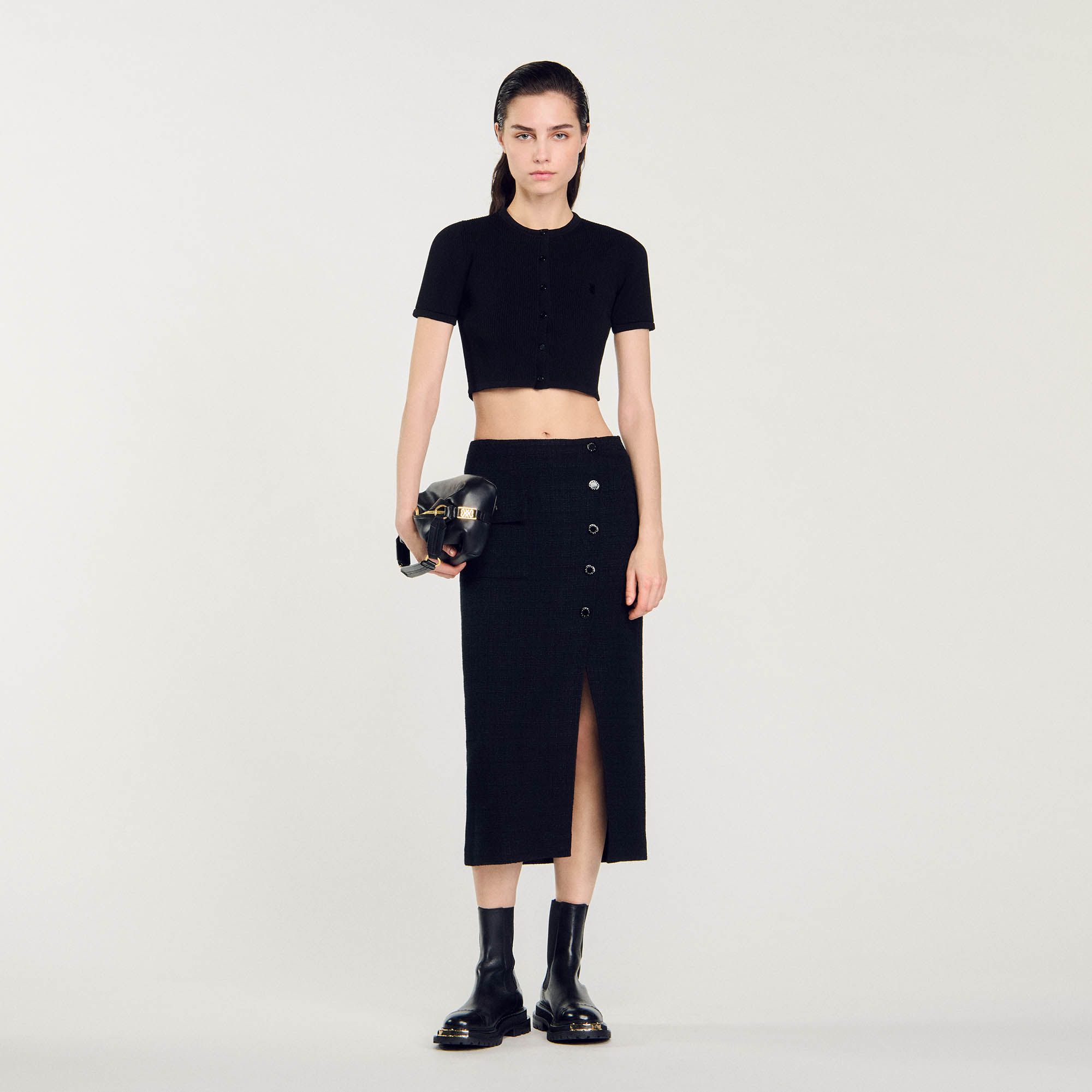 Sandro - Chân váy midi vải tweed