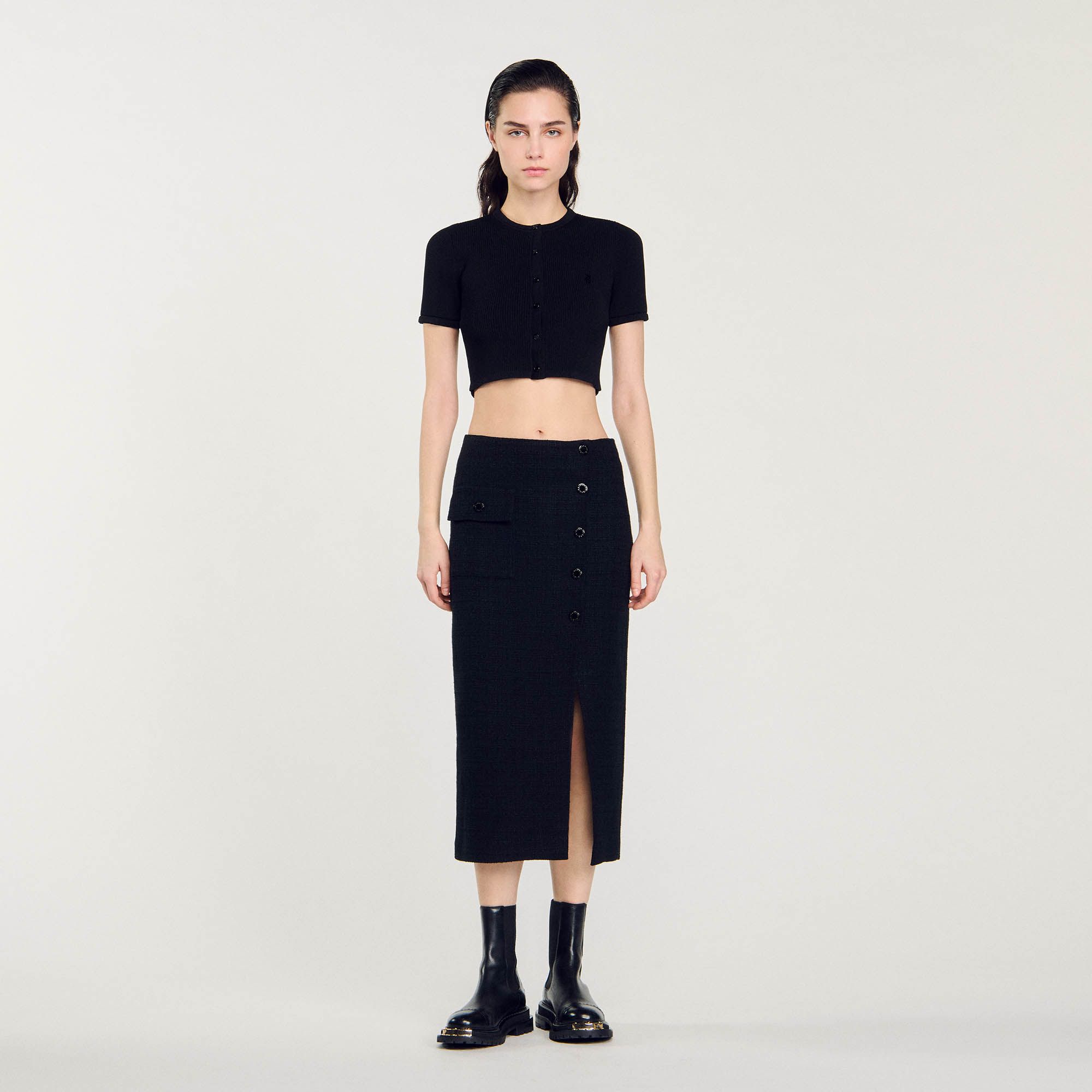 Sandro - Chân váy midi vải tweed