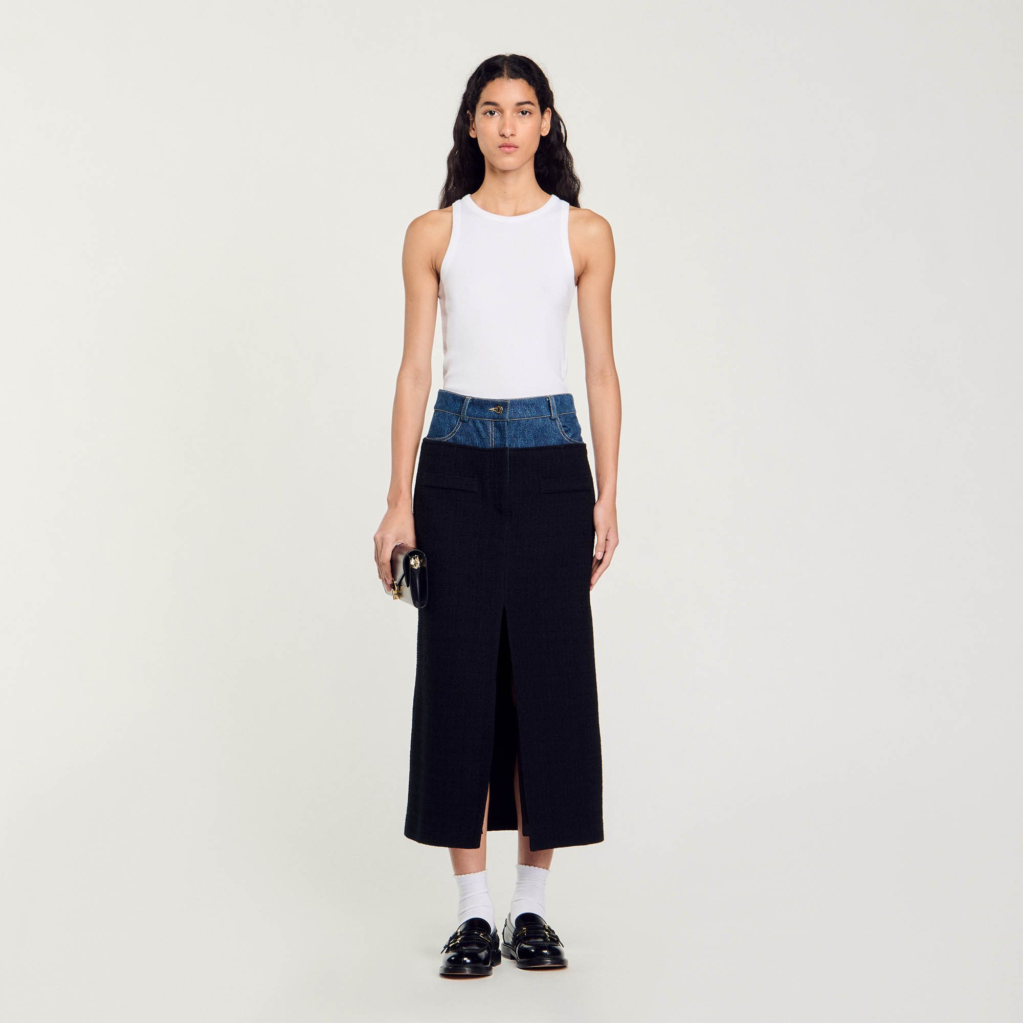Sandro - Chân váy denim phối tweed