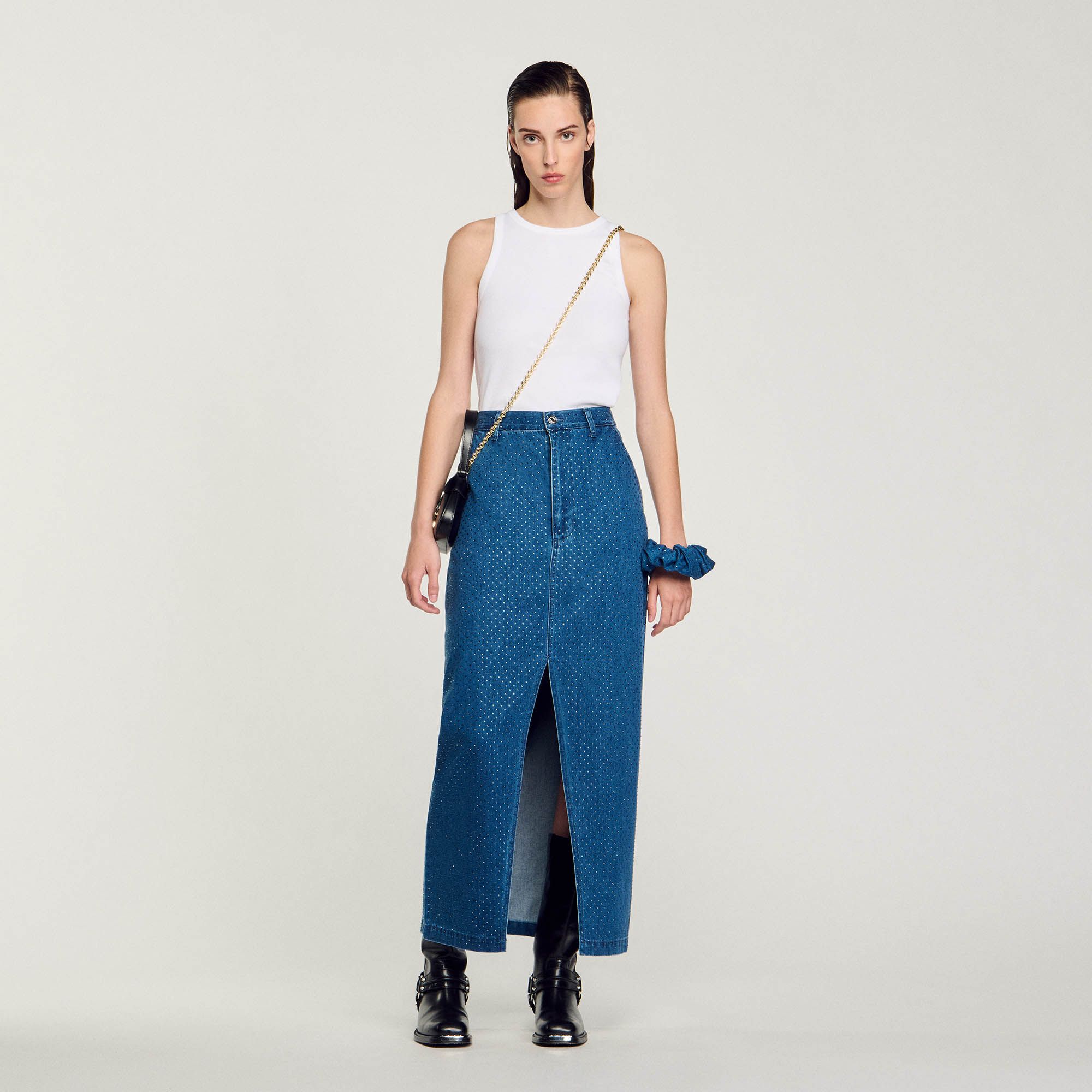 Sandro - Chân váy maxi denim đính đá