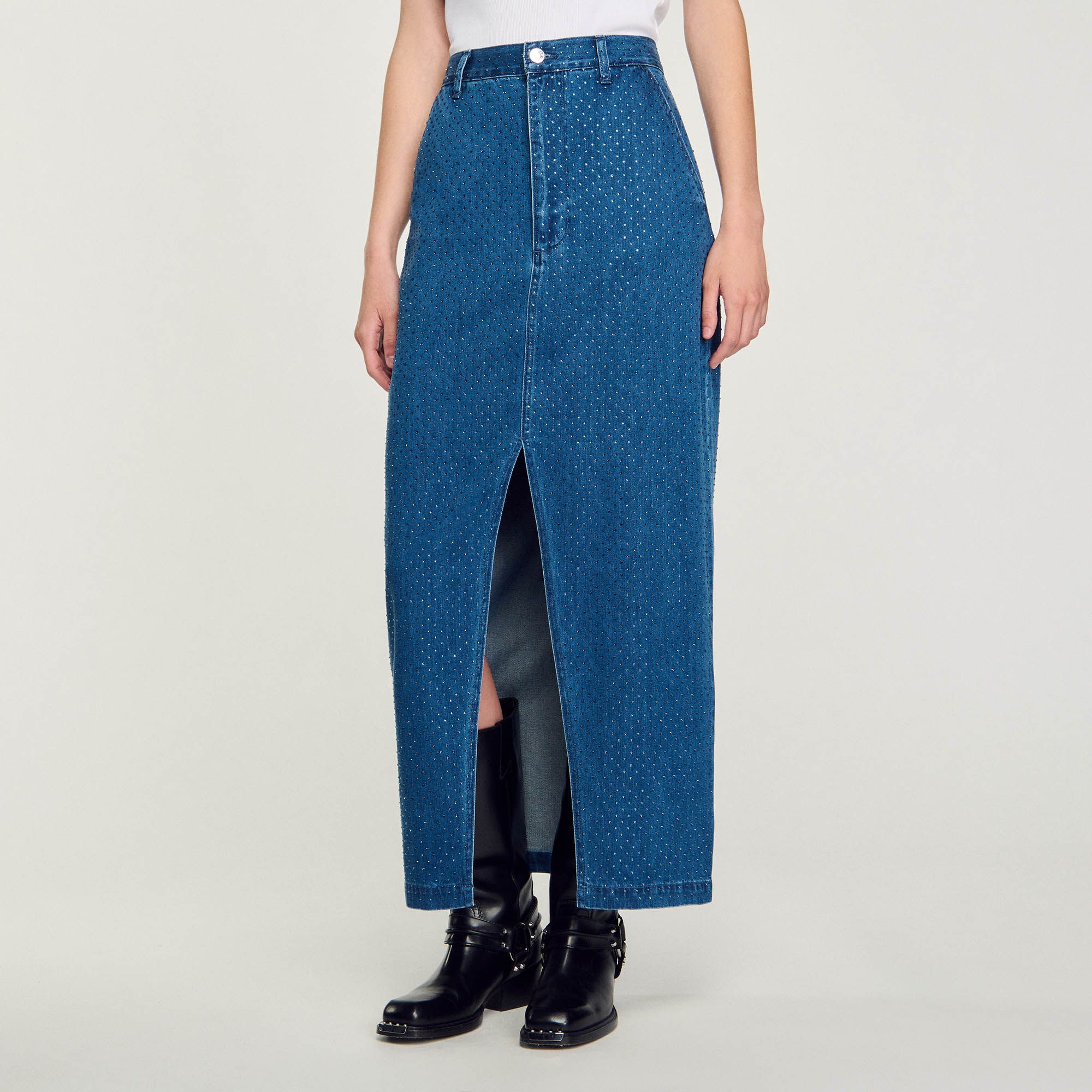Sandro - Chân váy maxi denim đính đá