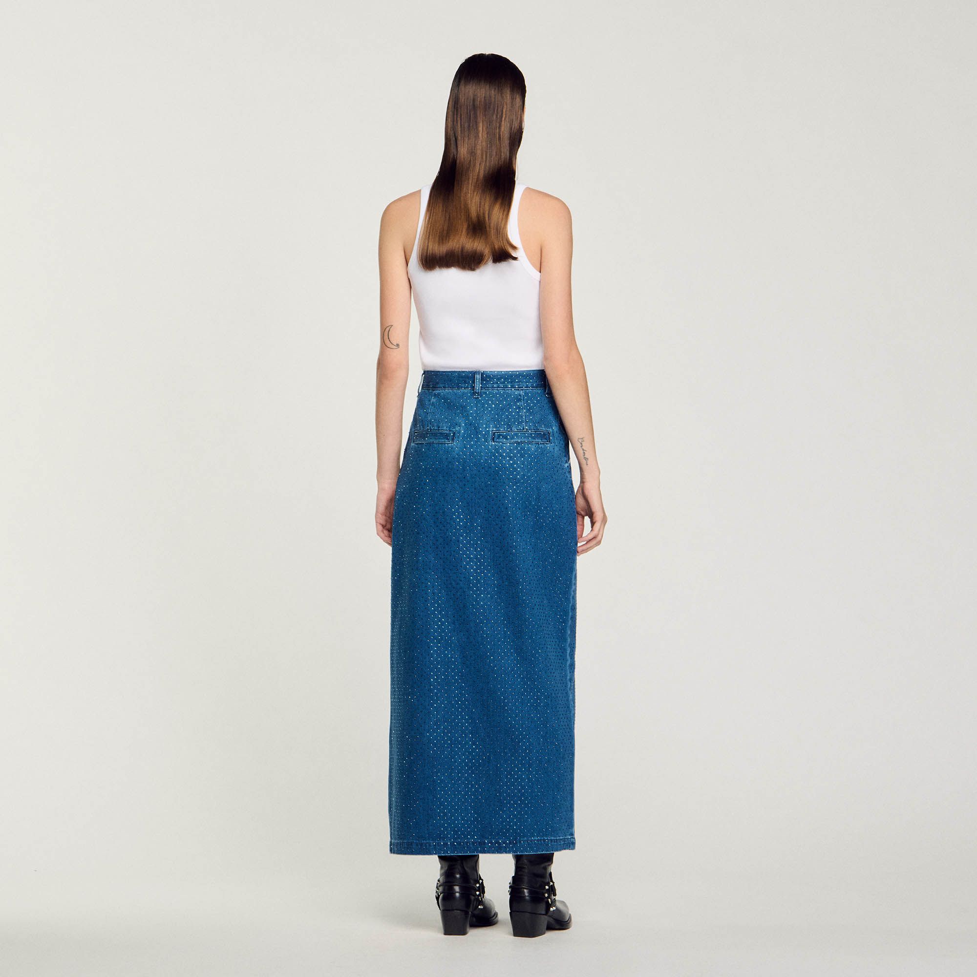 Sandro - Chân váy maxi denim đính đá