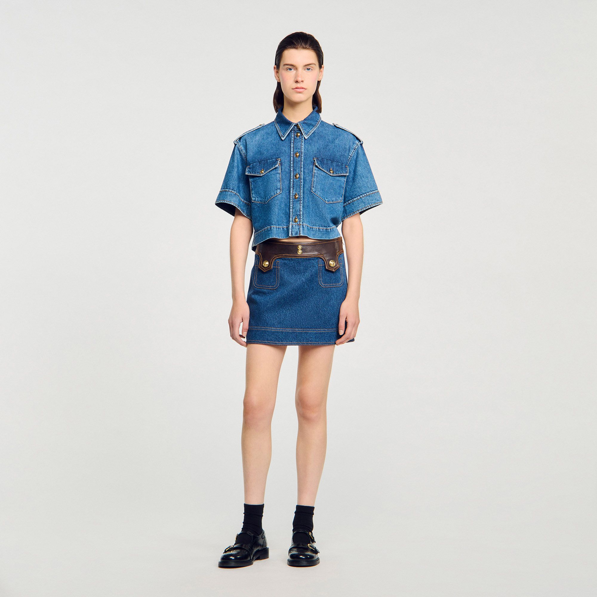 Sandro - Chân váy ngắn denim phối da