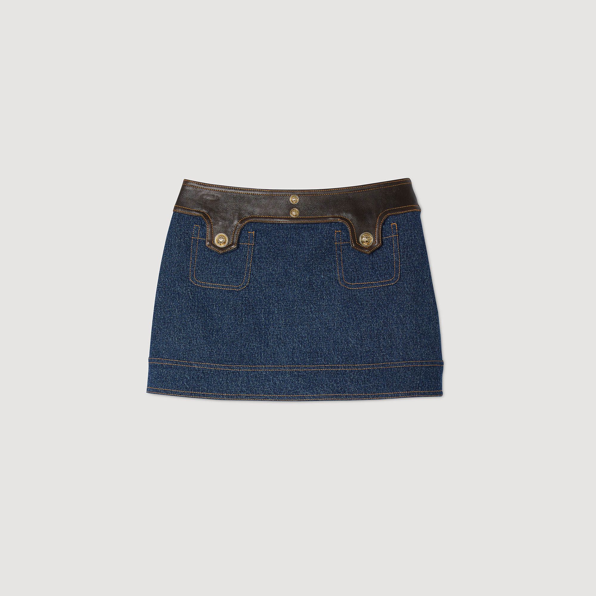 Chân váy ngắn denim phối da
