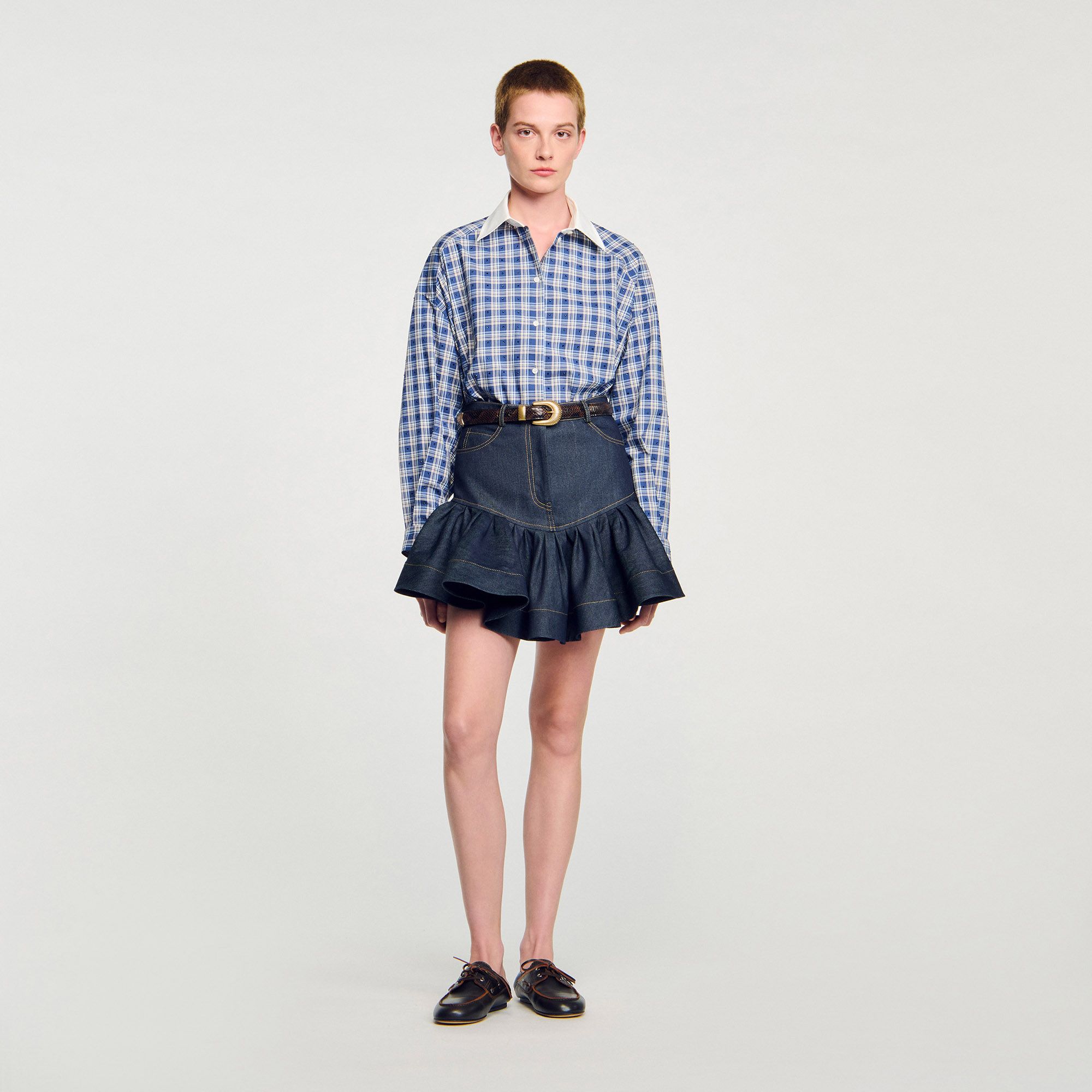 Sandro - Chân váy ngắn denim xếp nếp