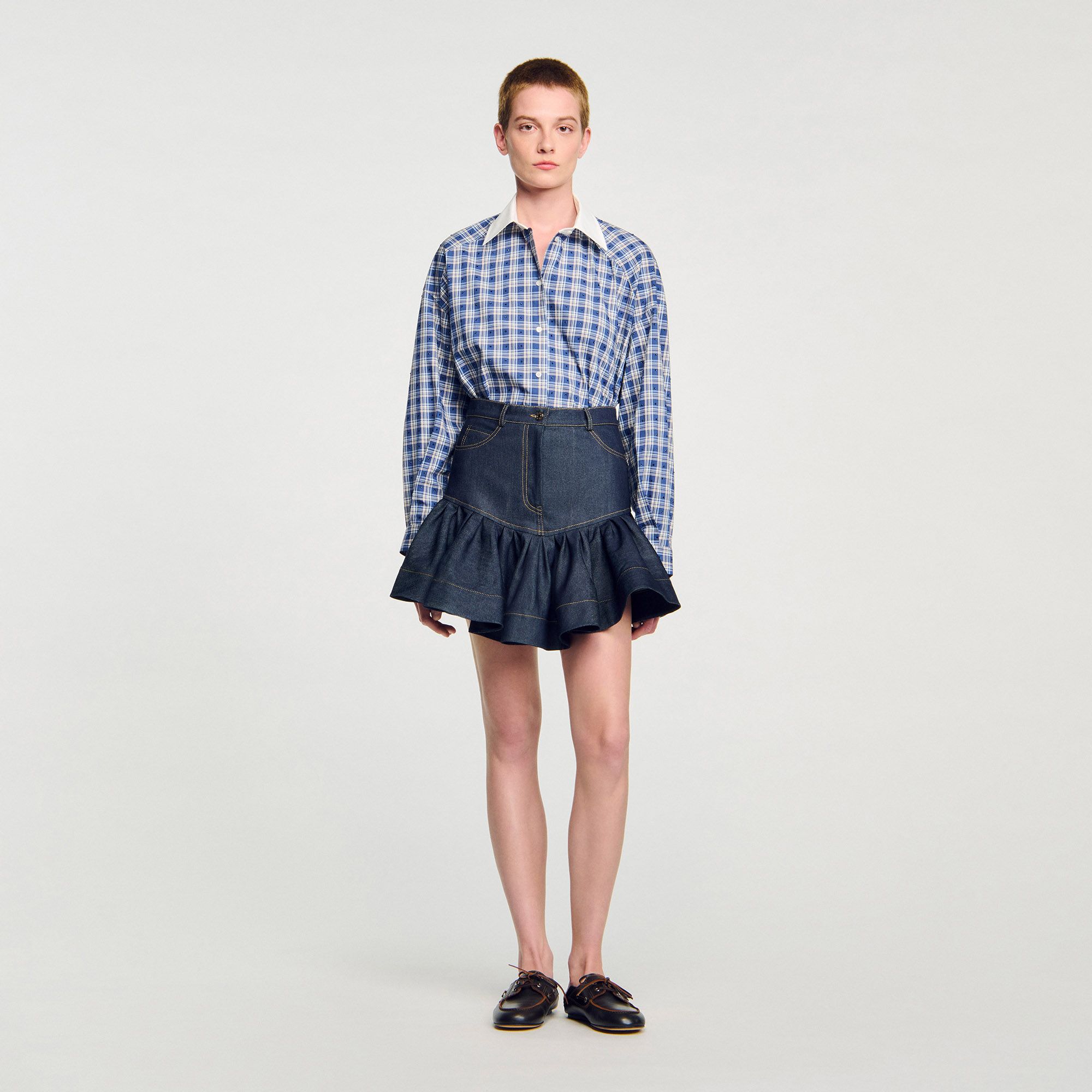 Sandro - Chân váy ngắn denim xếp nếp