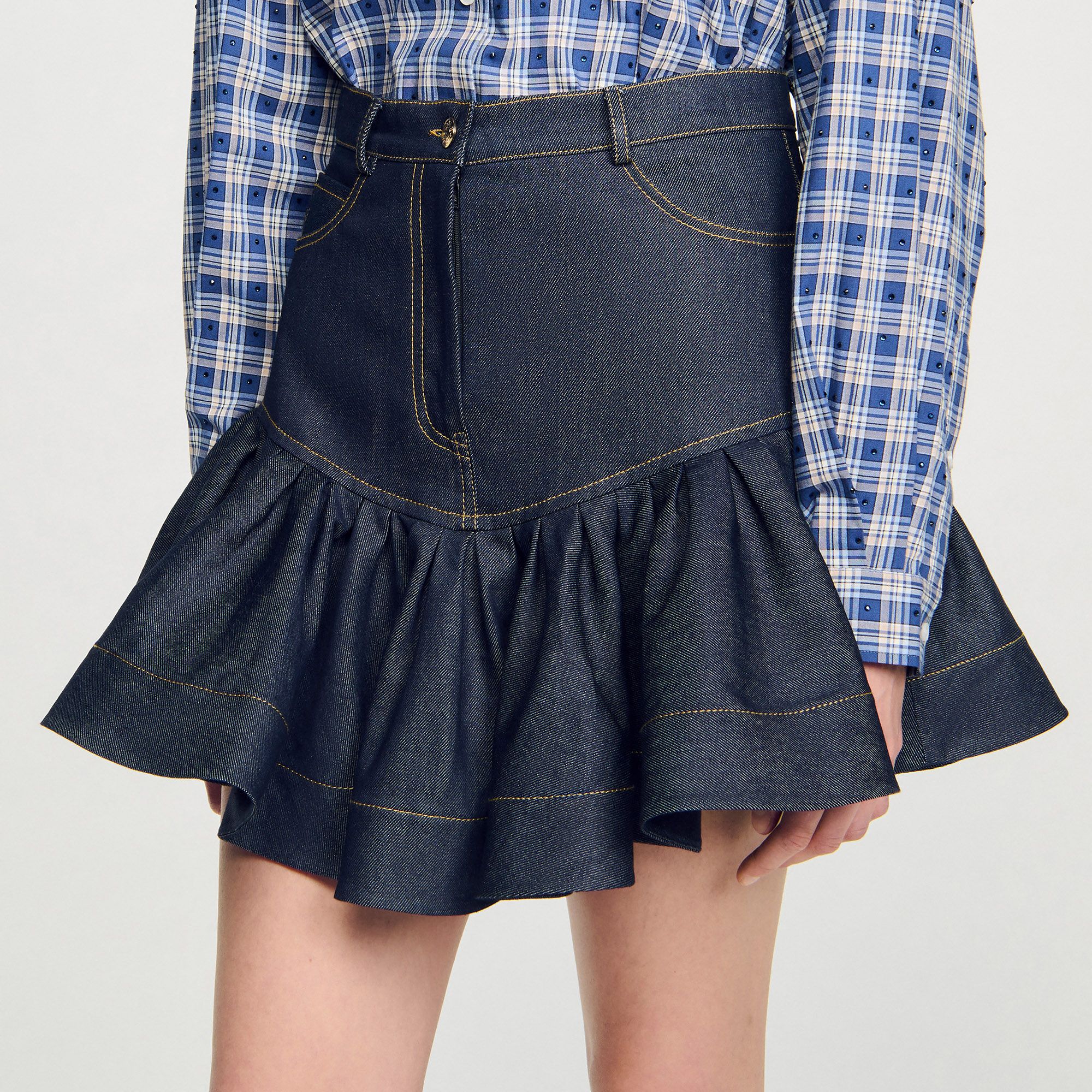 Sandro - Chân váy ngắn denim xếp nếp
