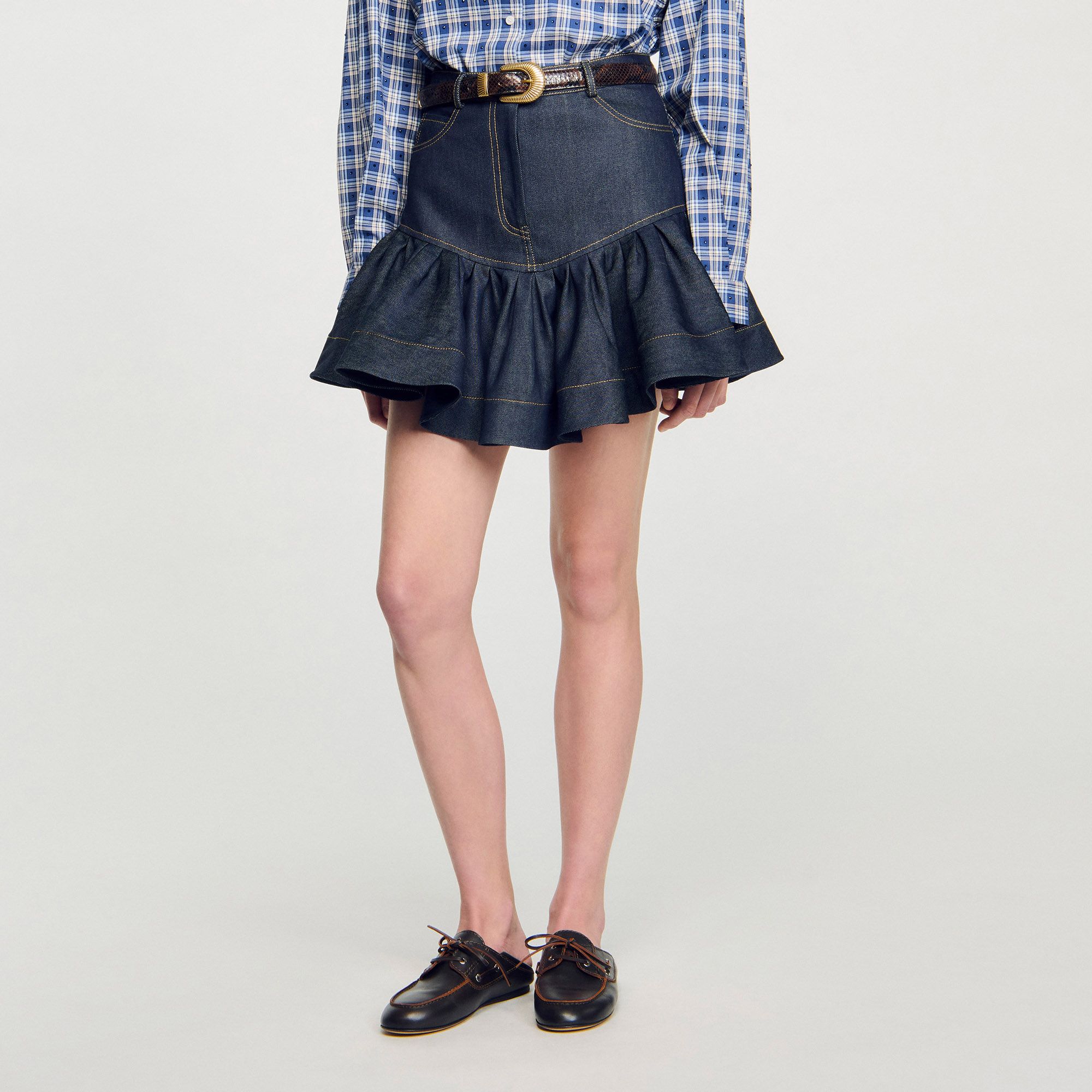 Sandro - Chân váy ngắn denim xếp nếp