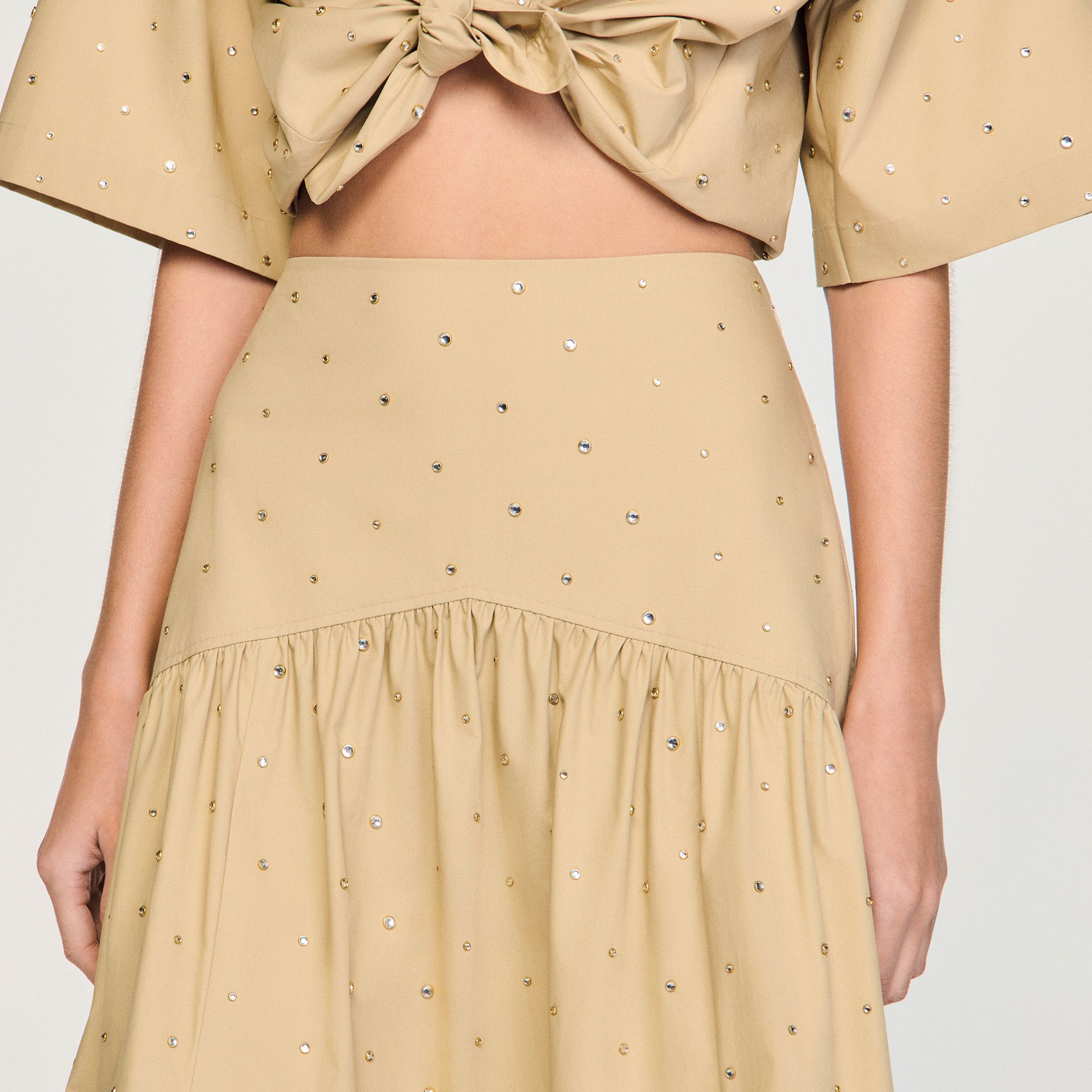 Sandro - Chân váy dài cotton đính đá