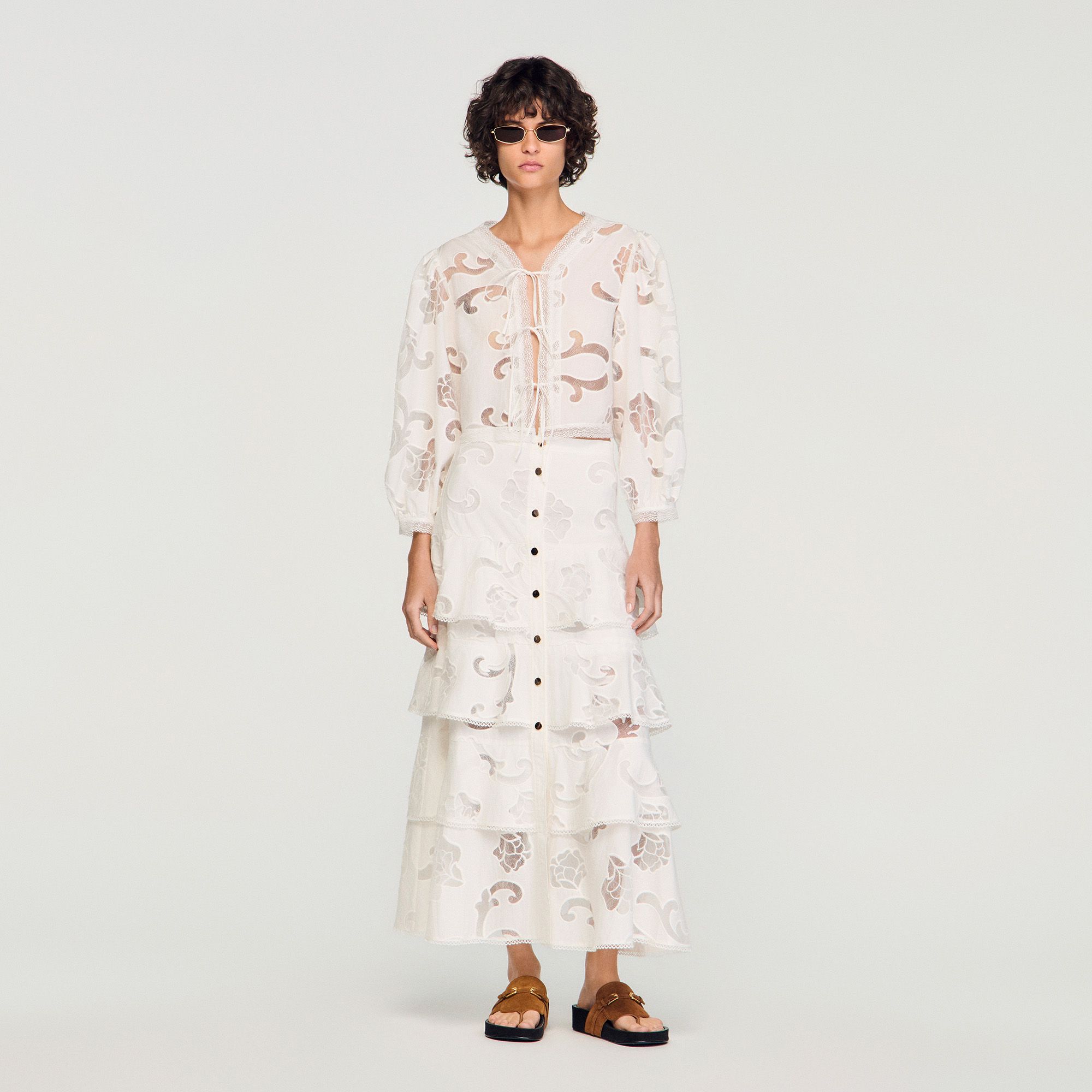 Sandro - Chân váy dài cotton phối ren