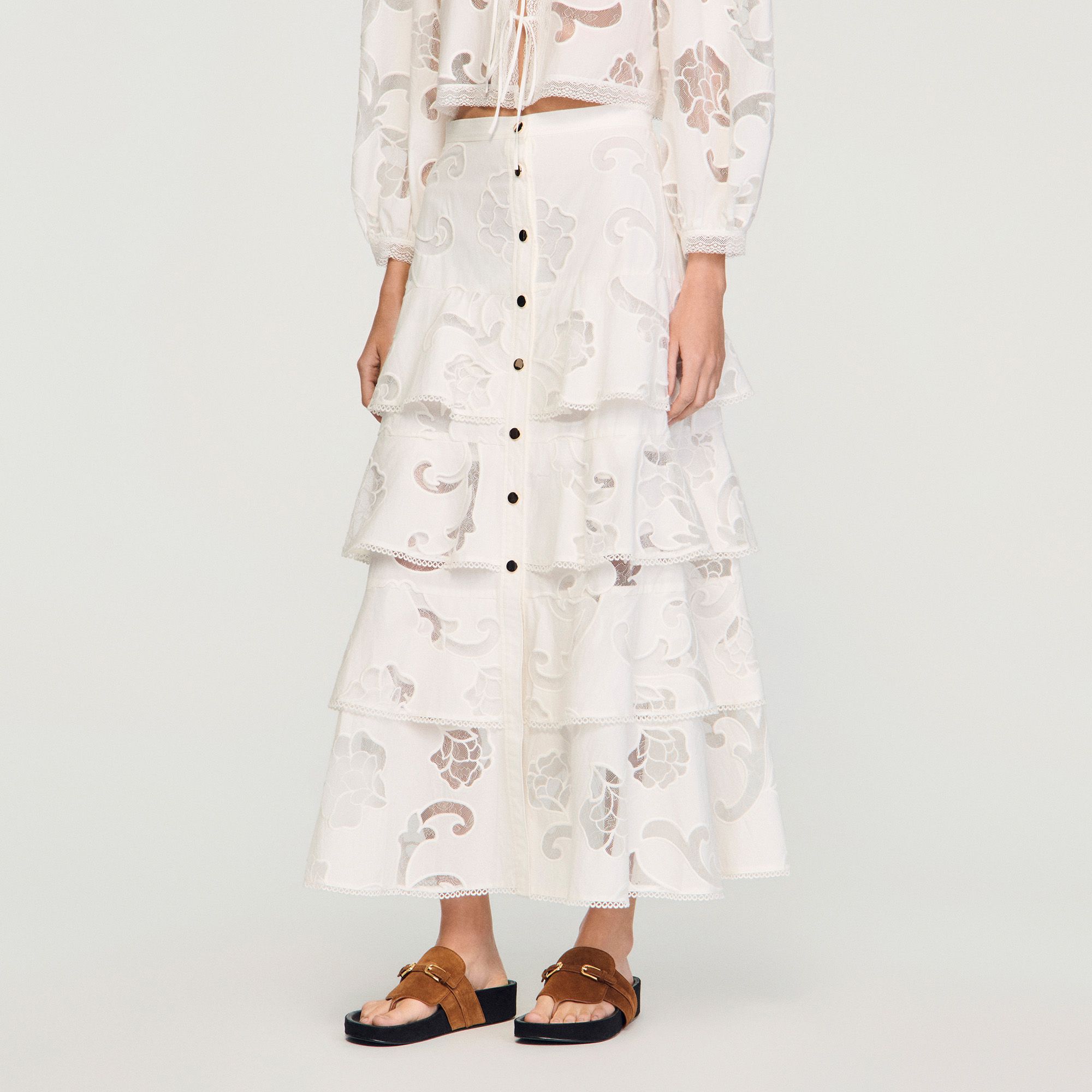 Sandro - Chân váy dài cotton phối ren