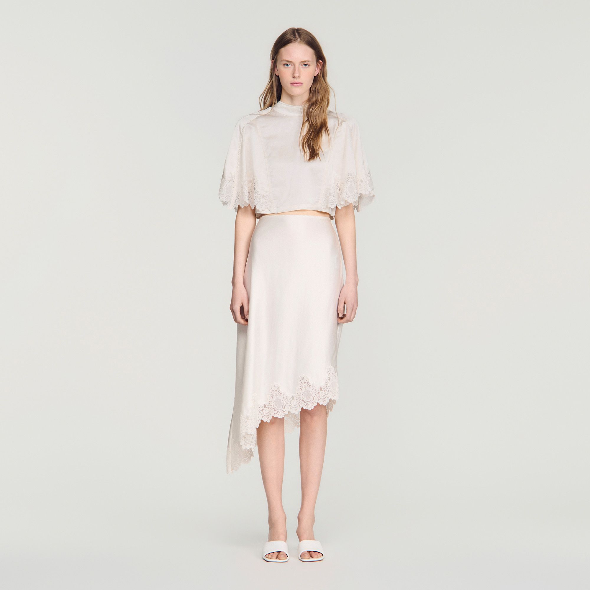 Sandro - Chân váy satin phối ren
