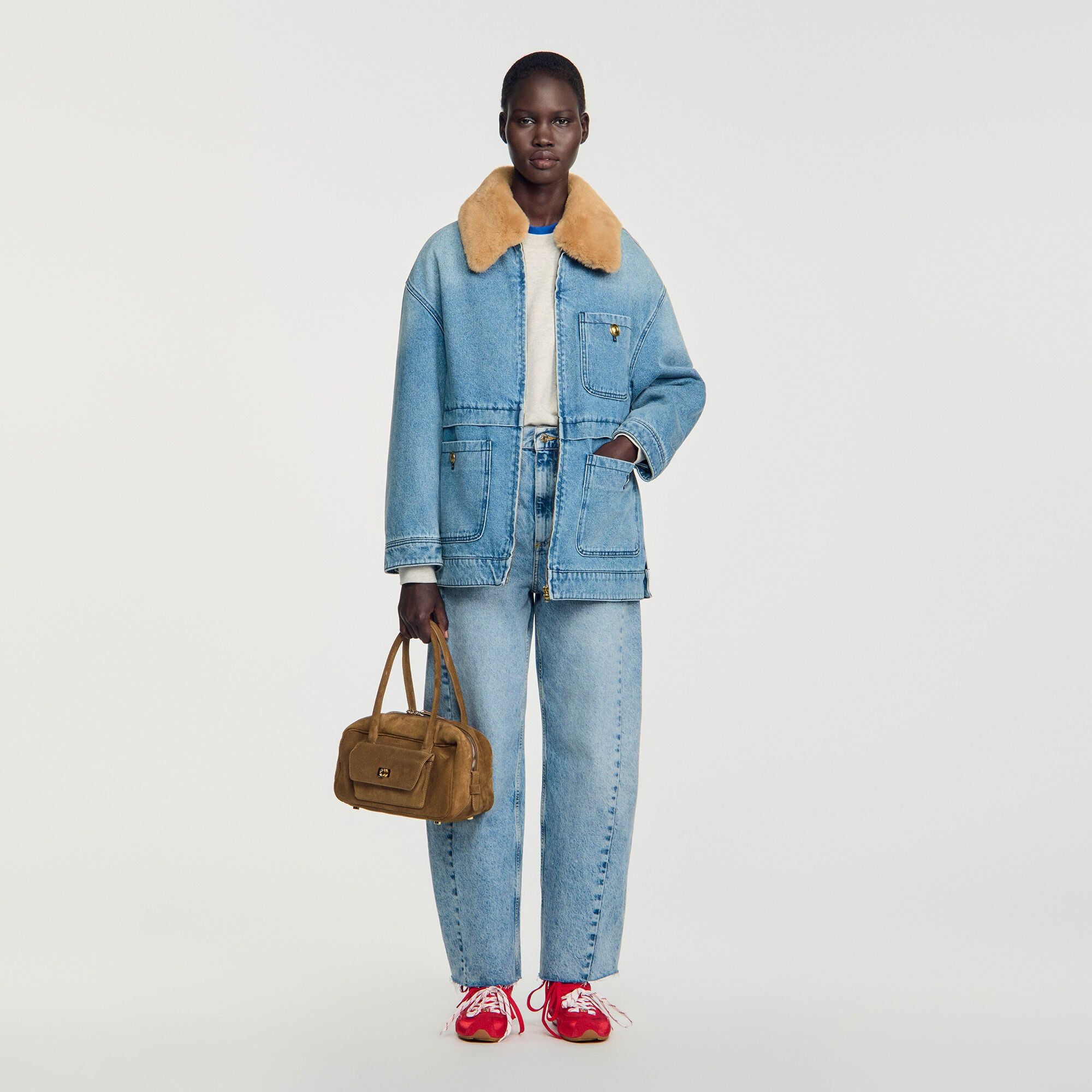 Sandro - Áo khoác denim cổ lông