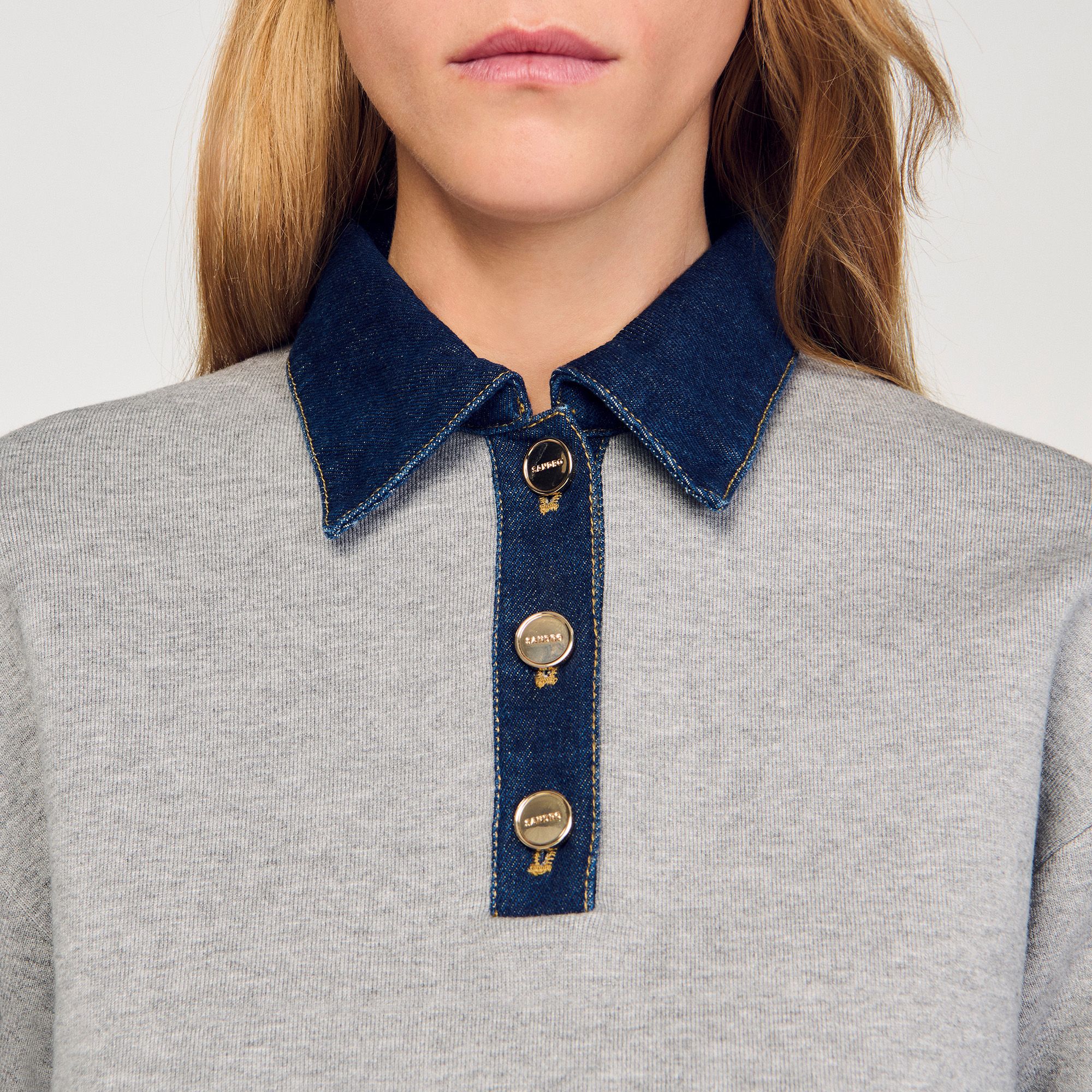 Sandro - Áo len dệt kim cổ polo phối denim