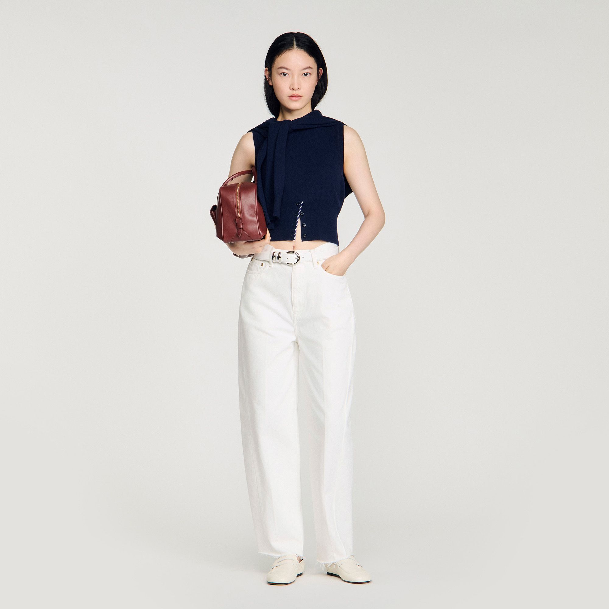 Sandro - Áo len cashmere ngắn tay kẻ sọc