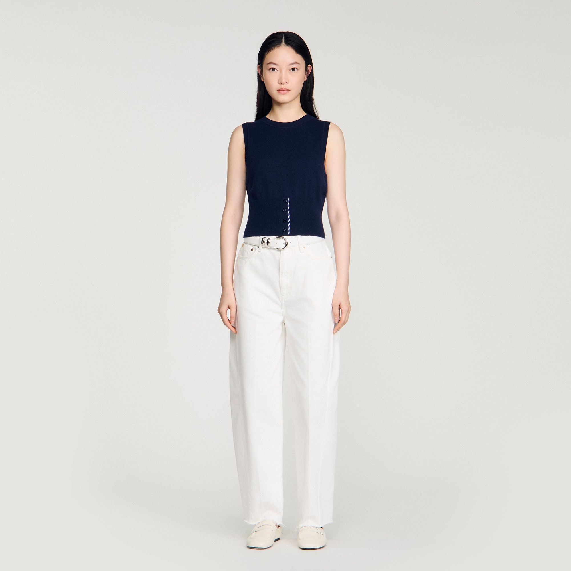 Sandro - Áo len cashmere ngắn tay kẻ sọc