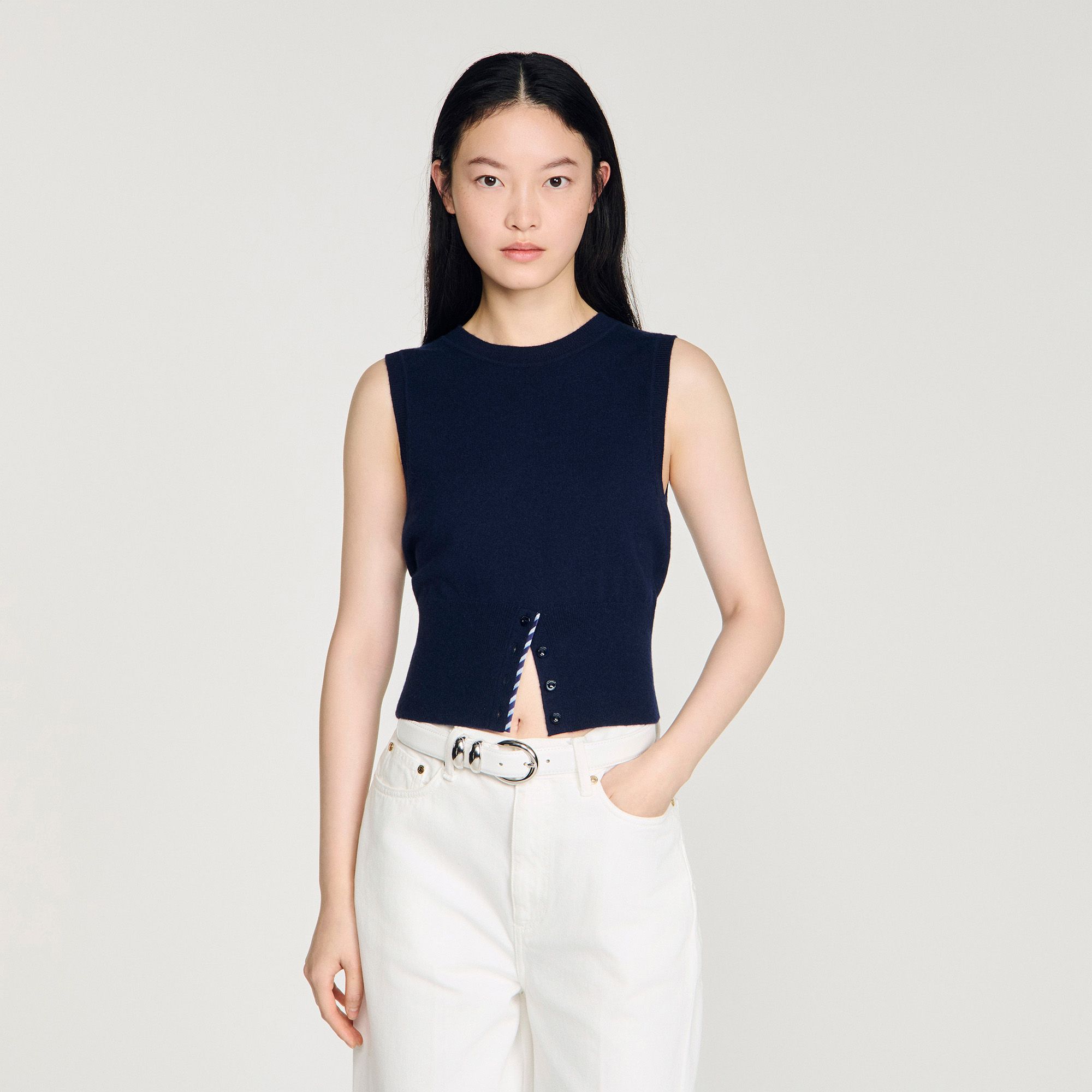 Sandro - Áo len cashmere ngắn tay kẻ sọc