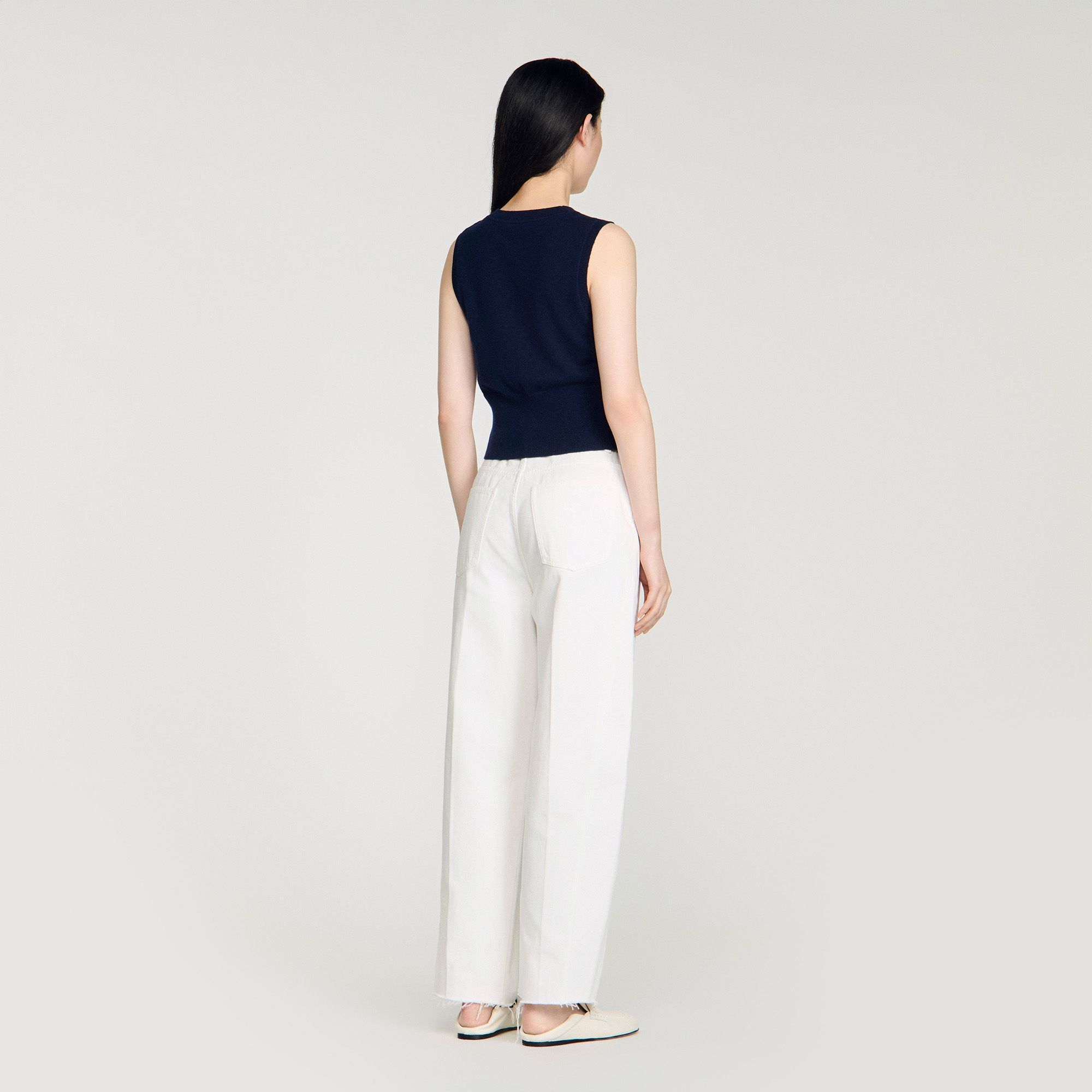 Sandro - Áo len cashmere ngắn tay kẻ sọc