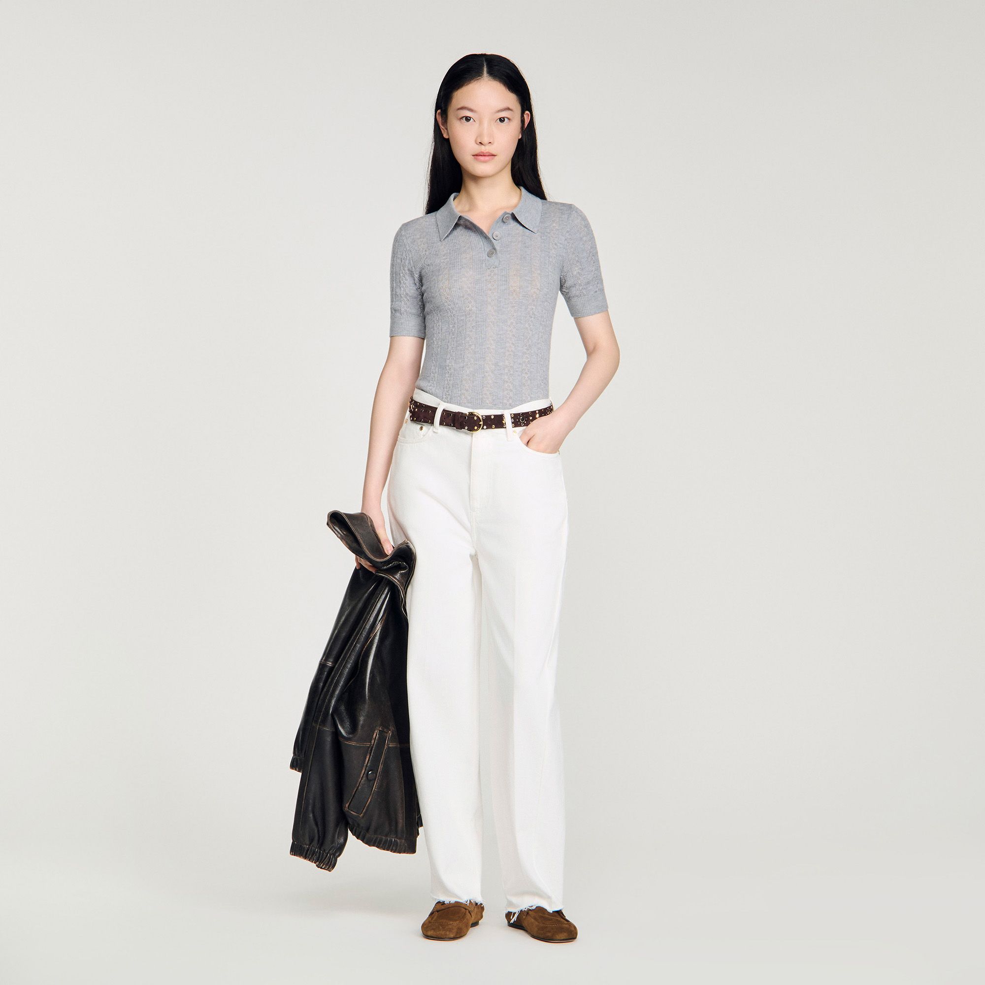 Sandro - Áo len Pointelle cổ polo