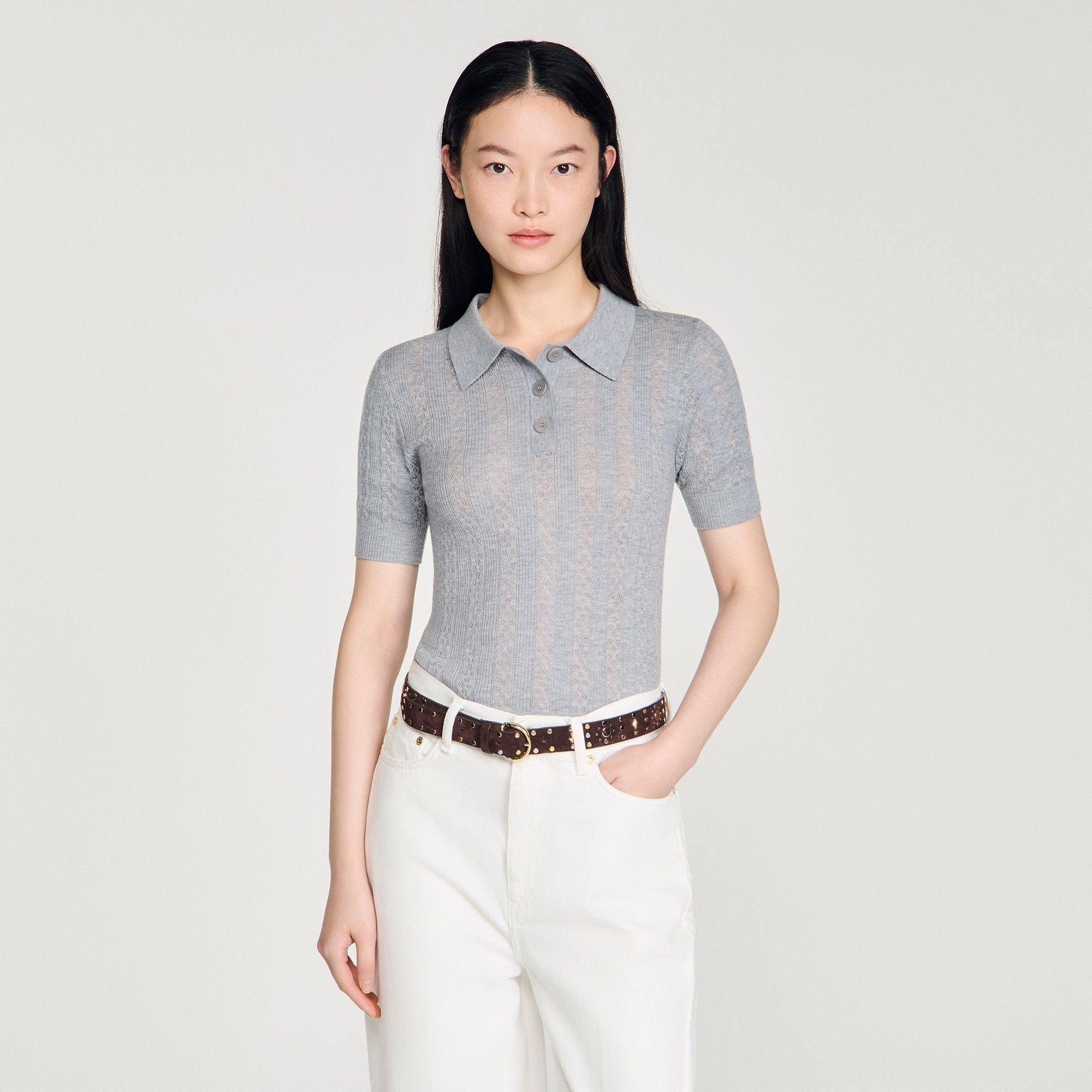 Sandro - Áo len Pointelle cổ polo