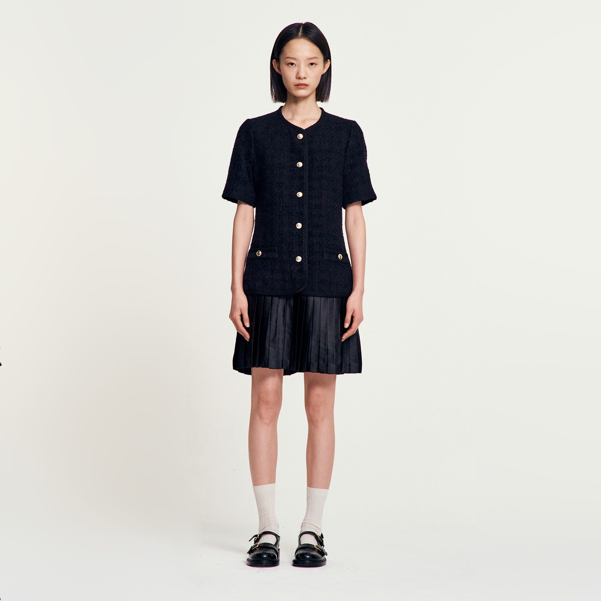 Sandro - Đầm tweed ngắn xếp ly