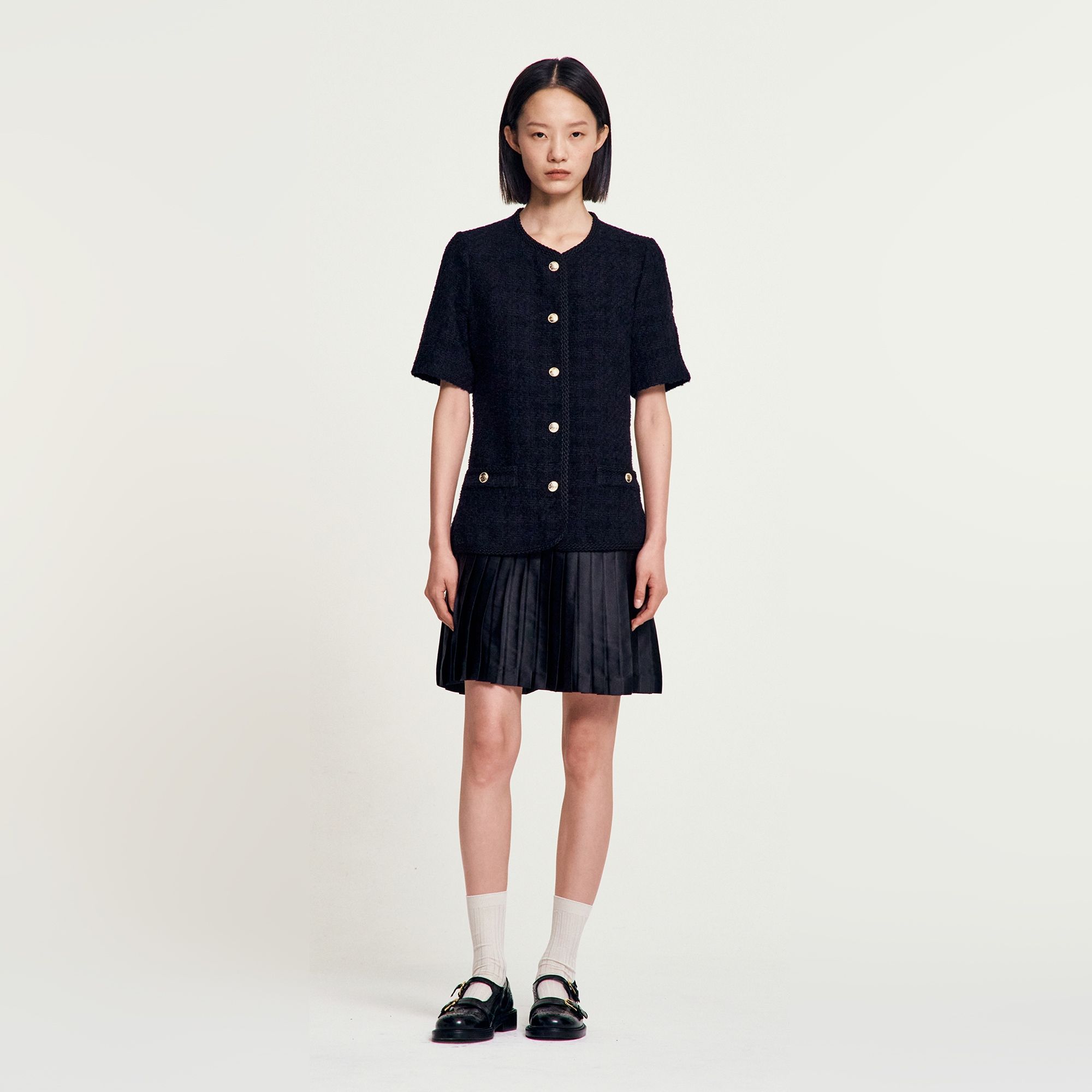 Sandro - Đầm tweed ngắn xếp ly