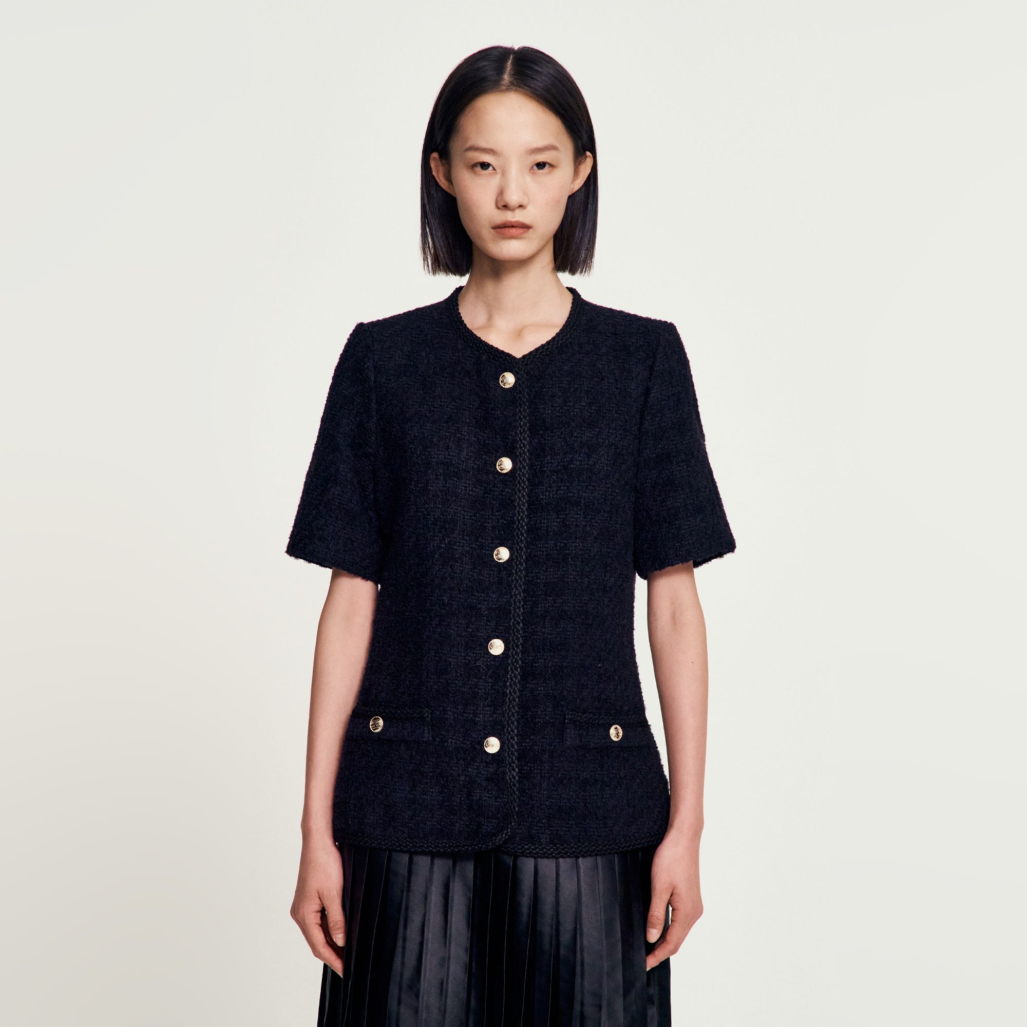 Sandro - Đầm tweed ngắn xếp ly