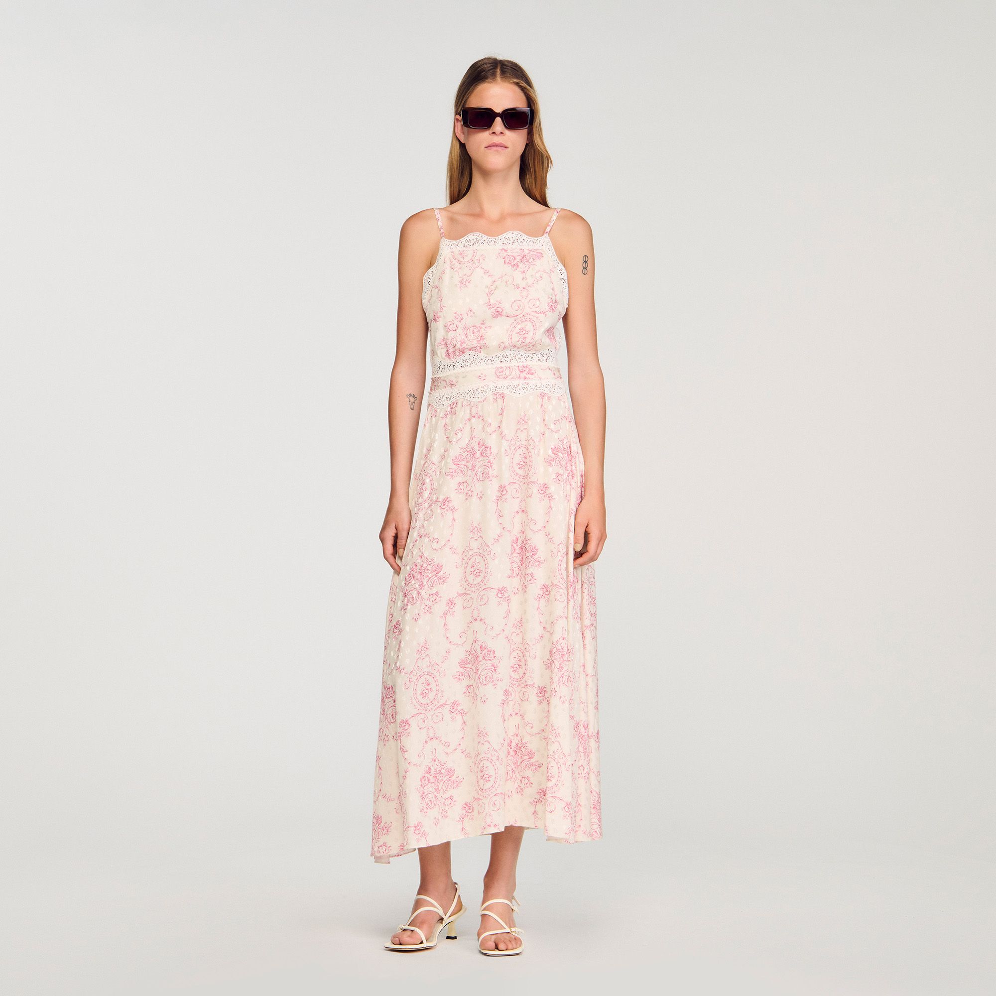 Sandro - Đầm maxi Ballarat viền ren - Hồng / Trắng ngà