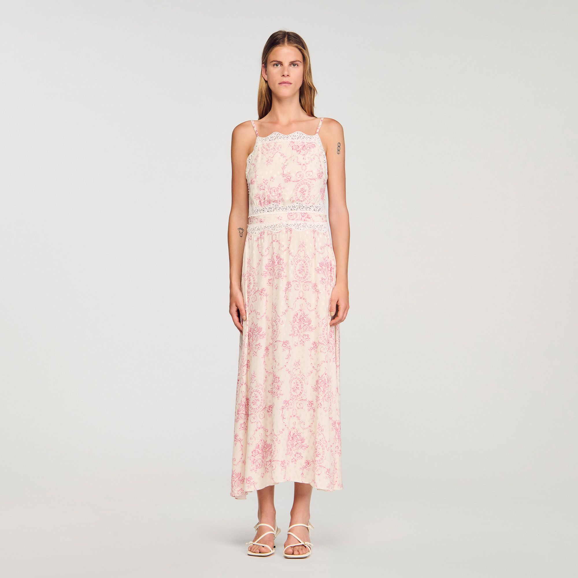 Sandro - Đầm maxi Ballarat viền ren - Hồng / Trắng ngà