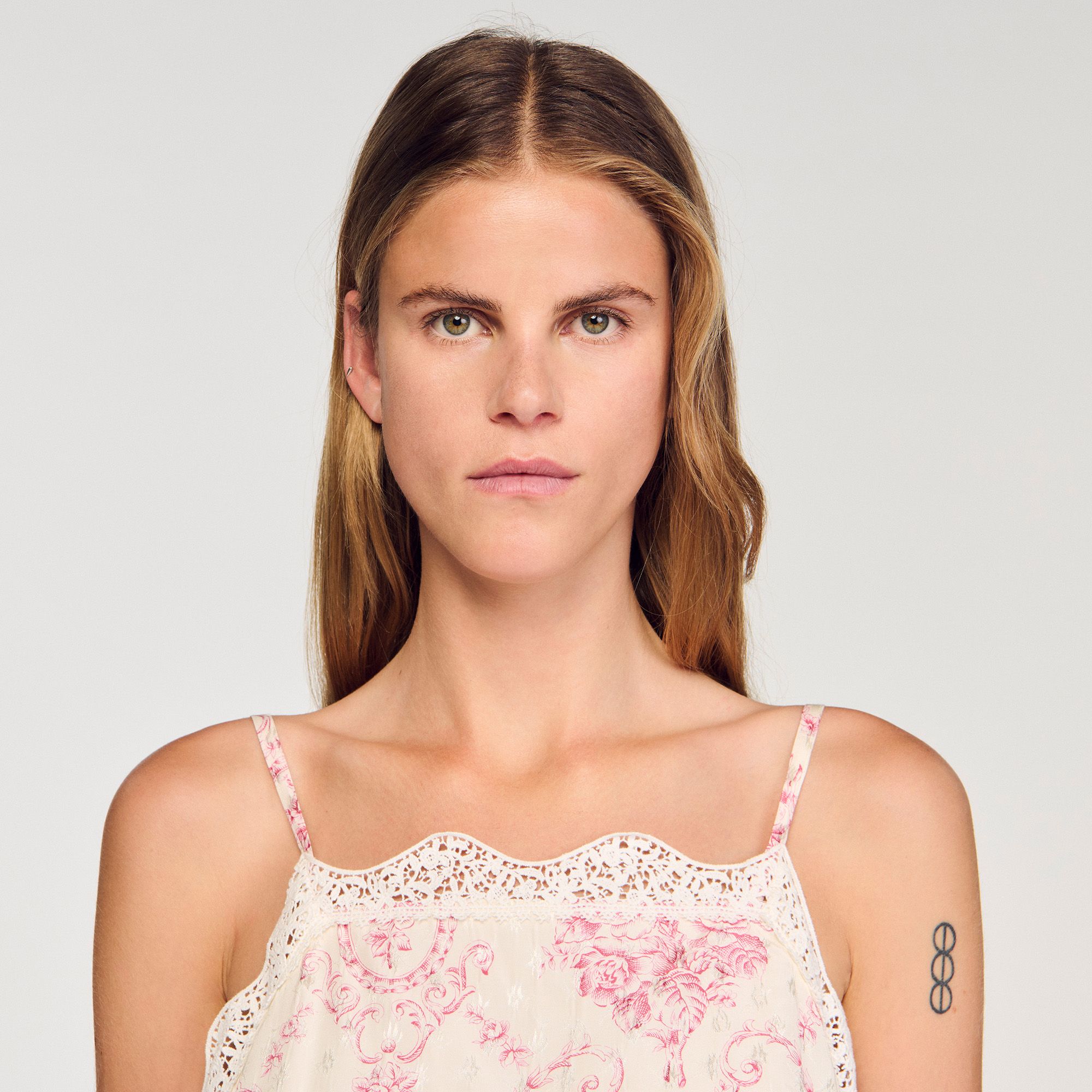 Sandro - Đầm maxi Ballarat viền ren - Hồng / Trắng ngà