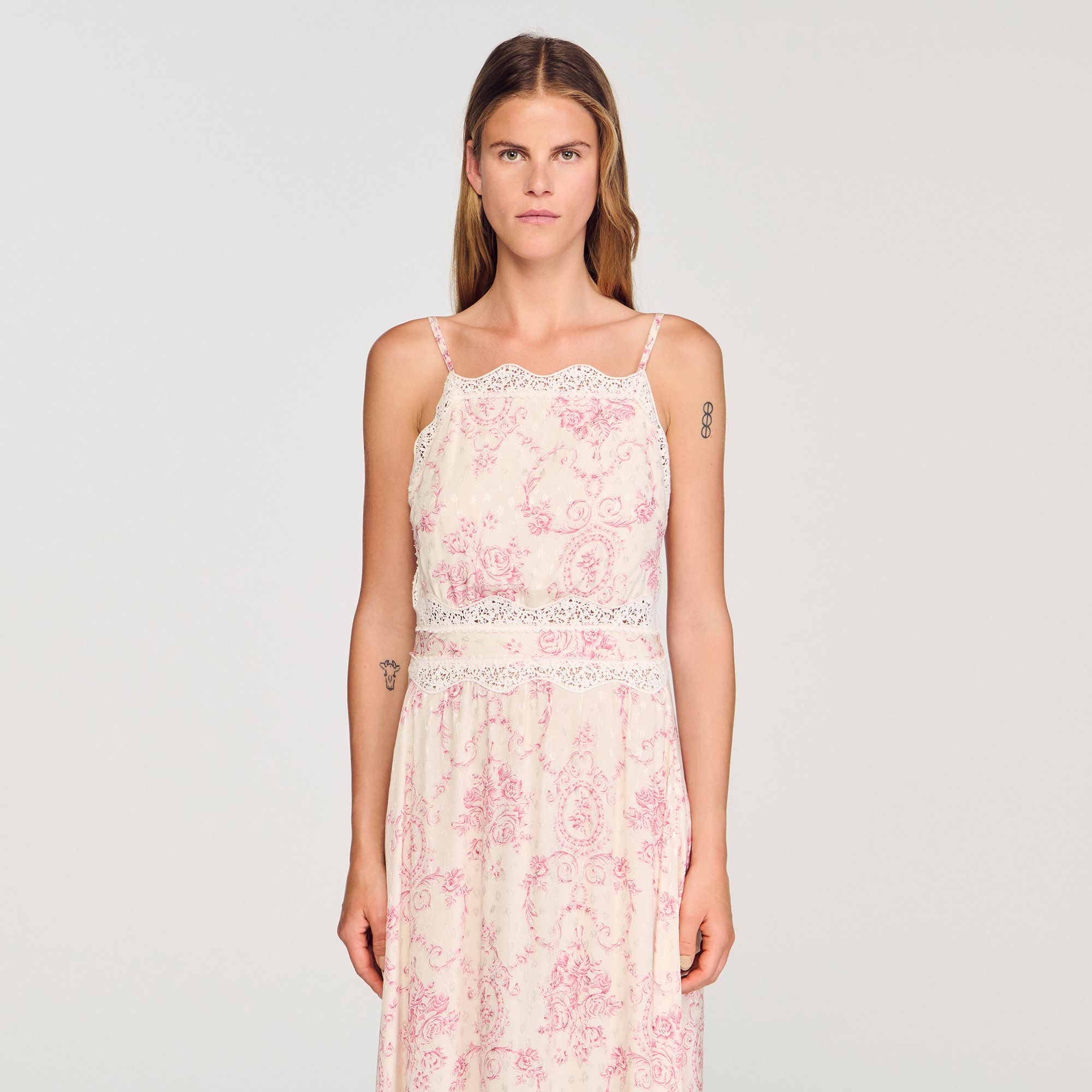 Sandro - Đầm maxi Ballarat viền ren - Hồng / Trắng ngà