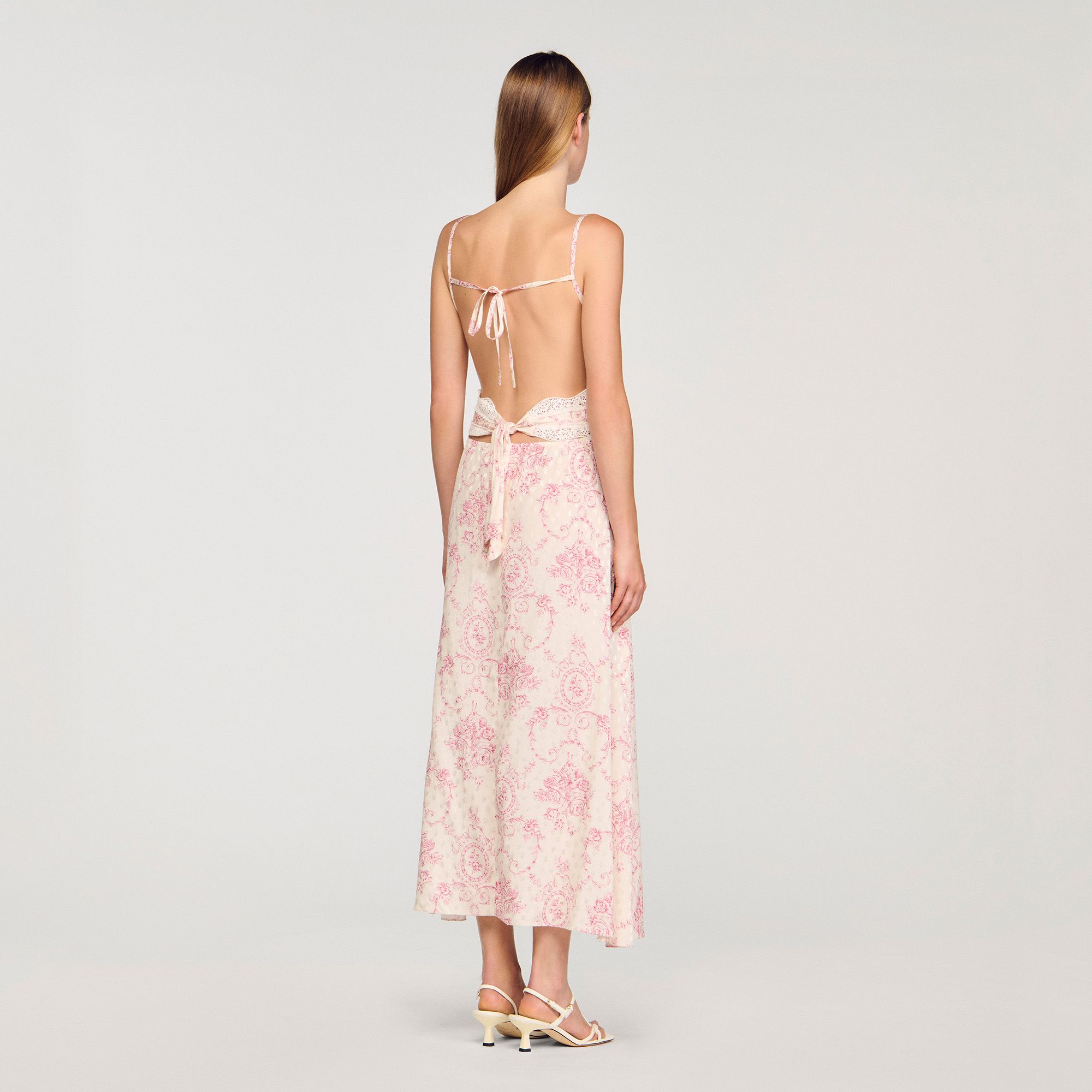 Sandro - Đầm maxi Ballarat viền ren - Hồng / Trắng ngà