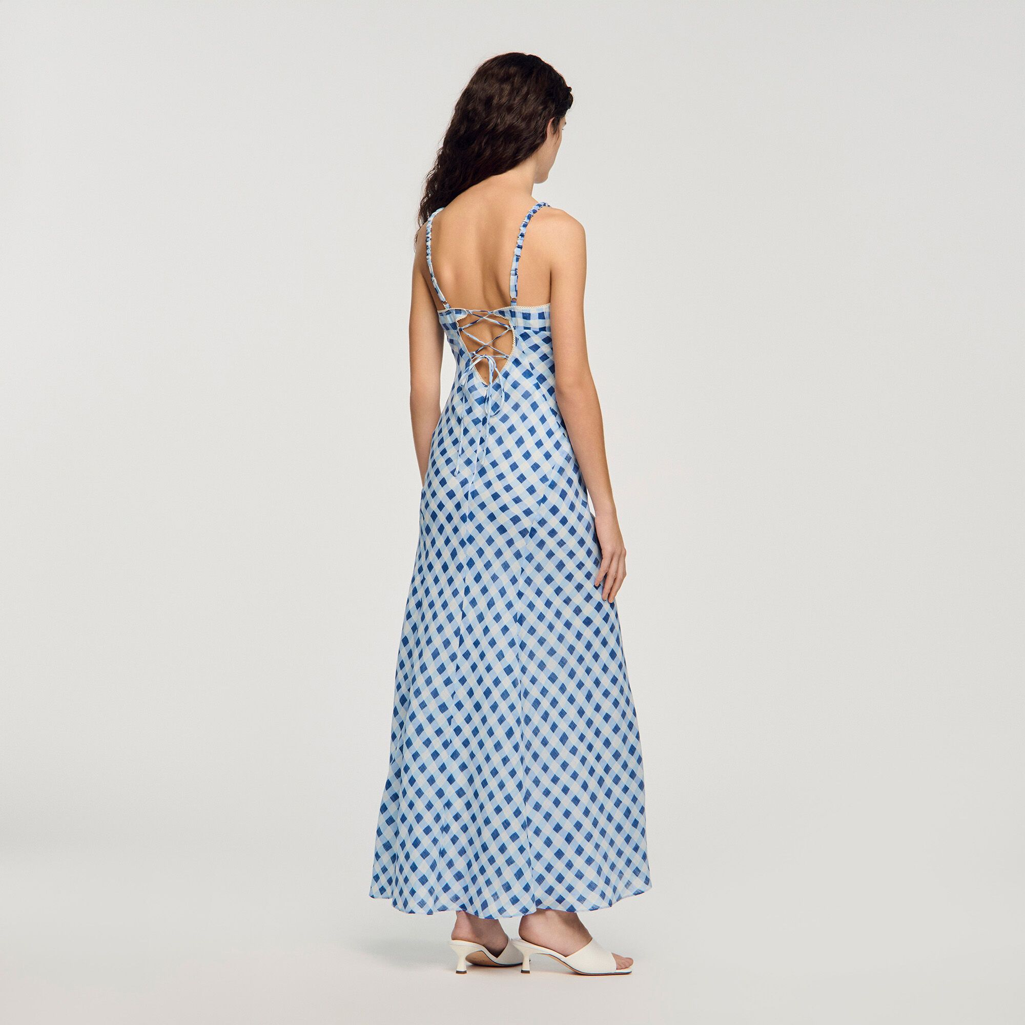 Sandro - Váy maxi vải lanh kẻ caro