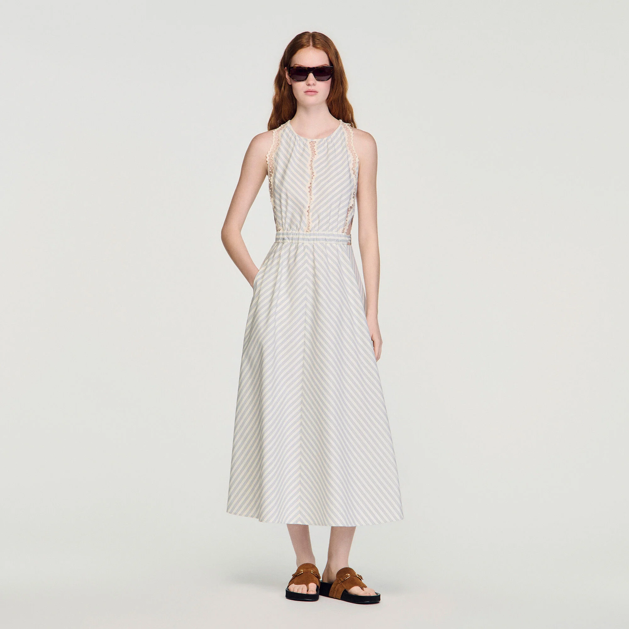 Sandro - Đầm maxi cotton kẻ sọc