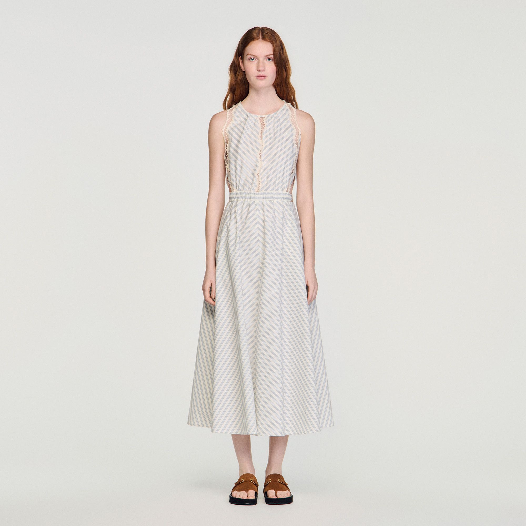 Sandro - Đầm maxi cotton kẻ sọc