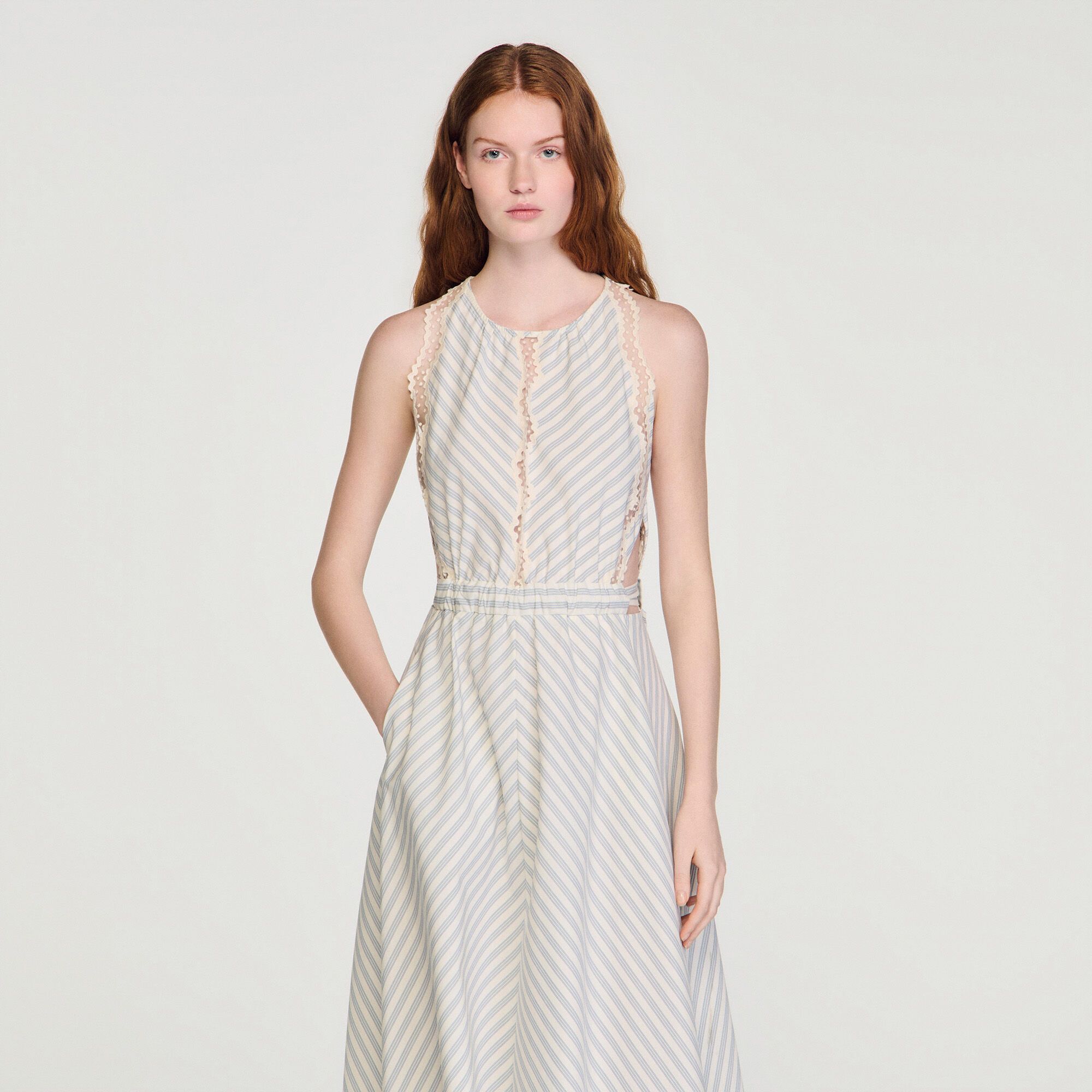 Sandro - Đầm maxi cotton kẻ sọc