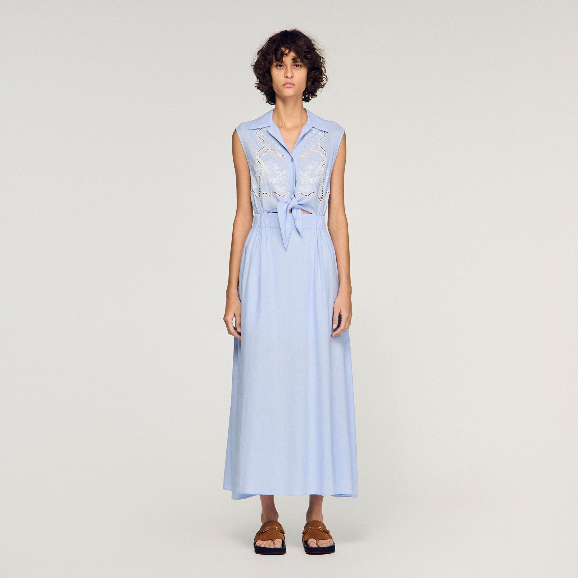 Sandro - Đầm maxi vải linen thêu