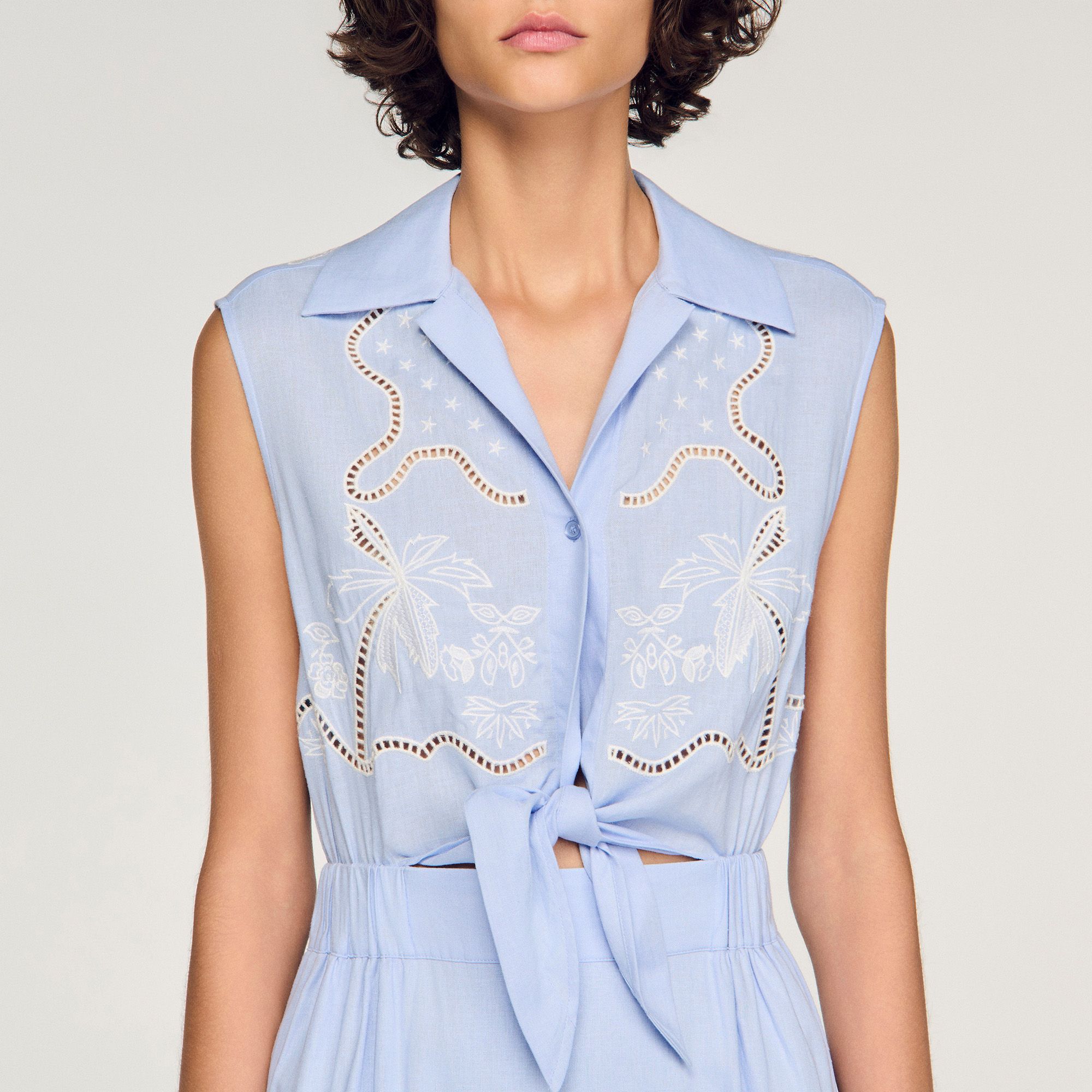 Sandro - Đầm maxi vải linen thêu