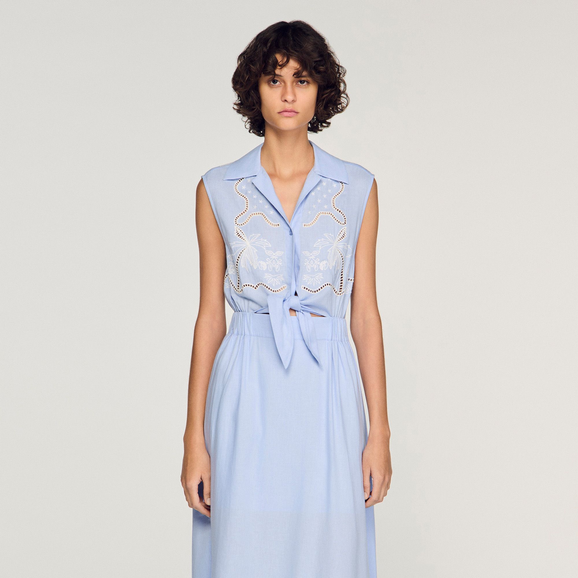 Sandro - Đầm maxi vải linen thêu