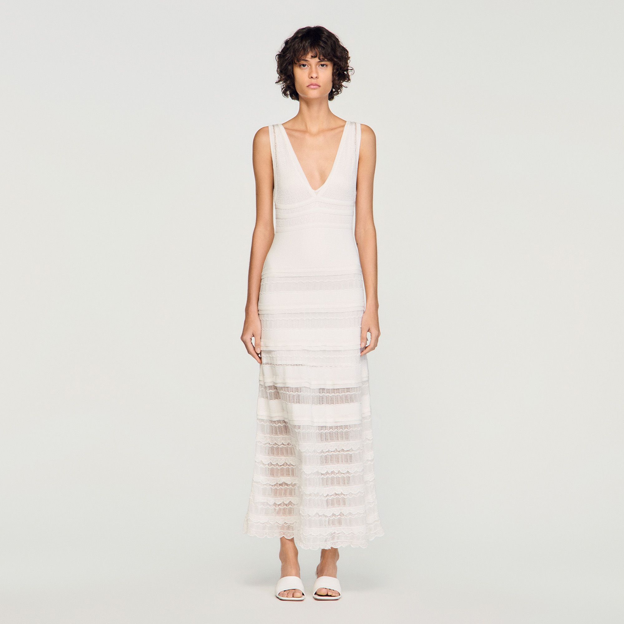 Sandro - Đầm maxi dệt kim Pointelle