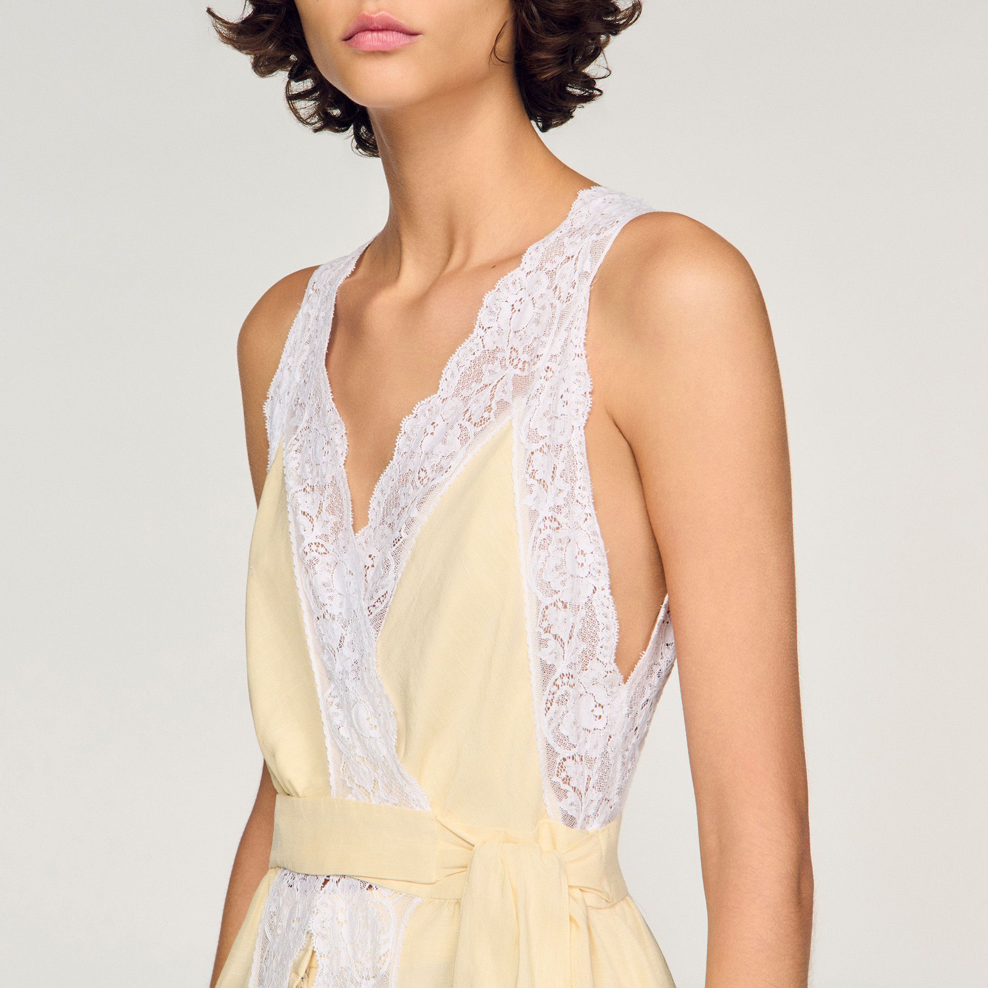 Sandro - Đầm maxi linen phối viền ren