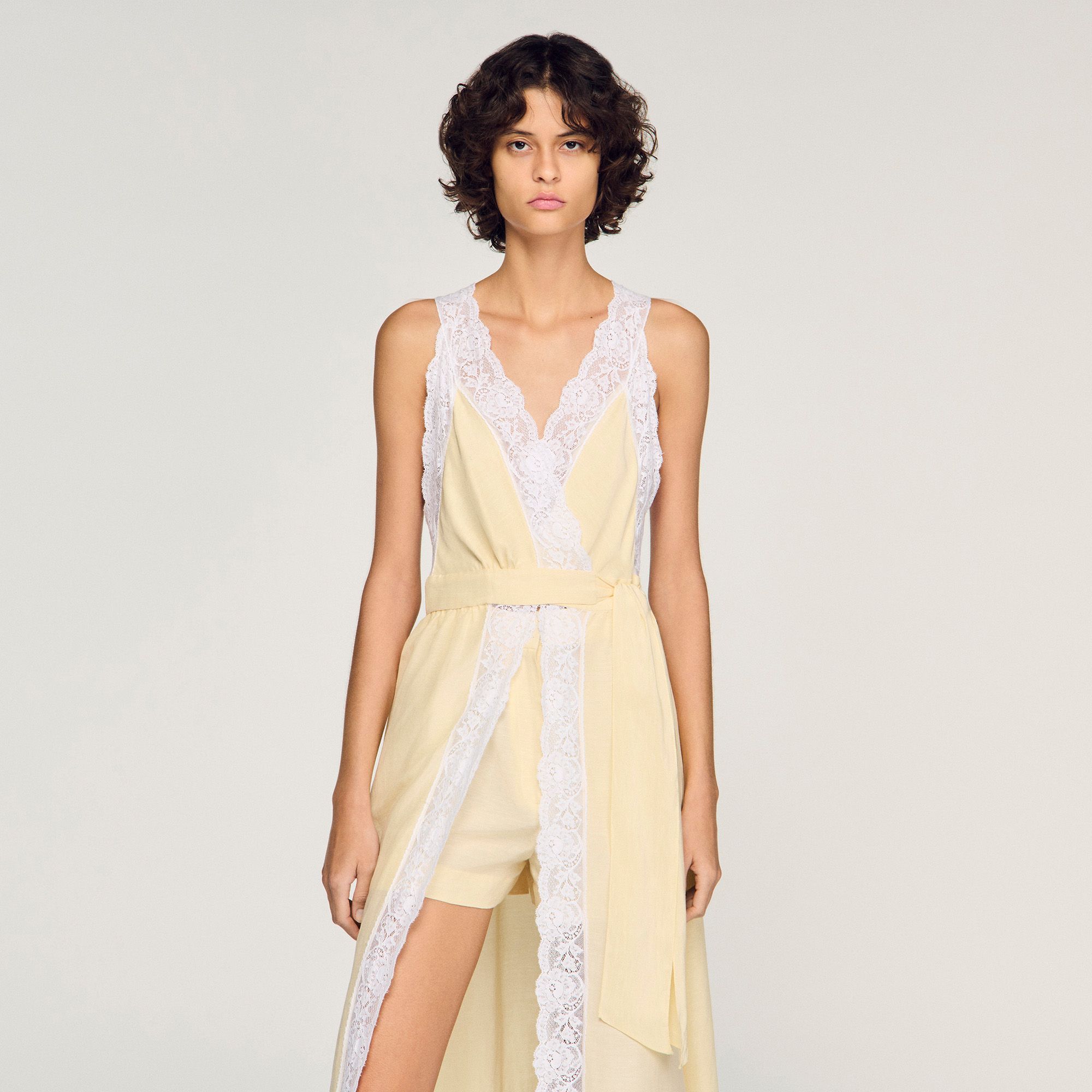 Sandro - Đầm maxi linen phối viền ren