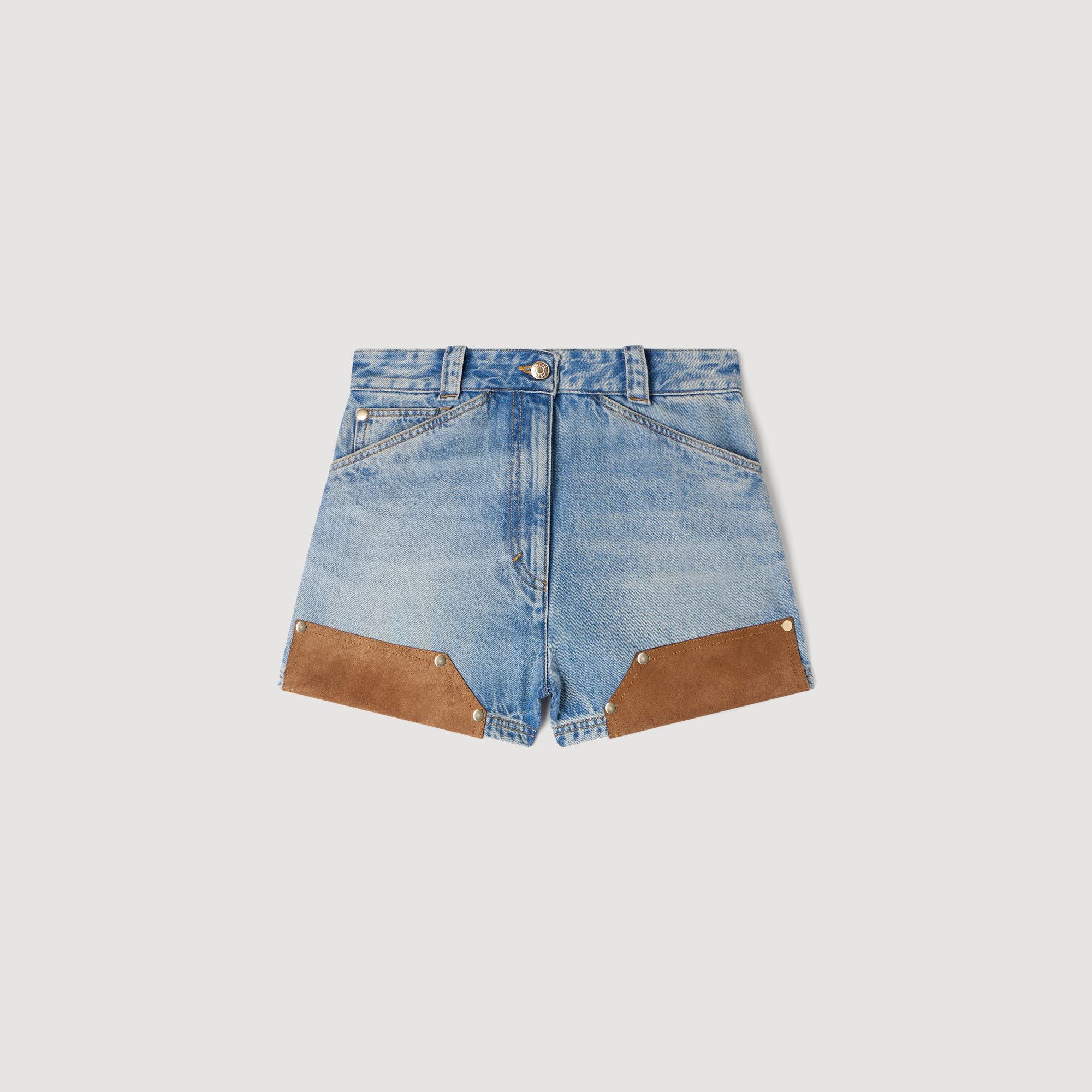 Sandro - Quần short denim và da lộn đính đinh tán